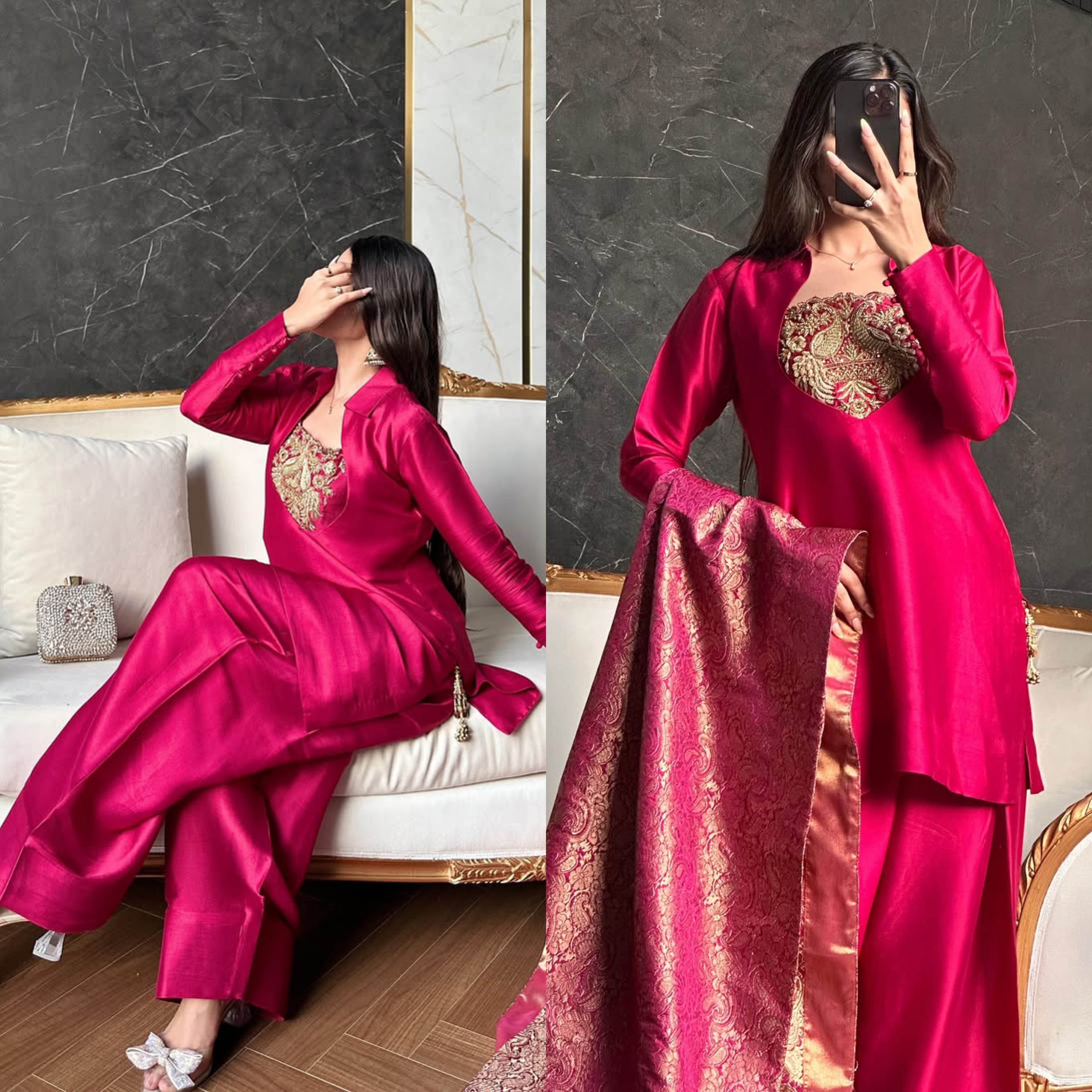 Crimson Royale – Handcrafted Pure Silk Ensemble with Antique Gold Zari Embroidery and Brocade Dupatta