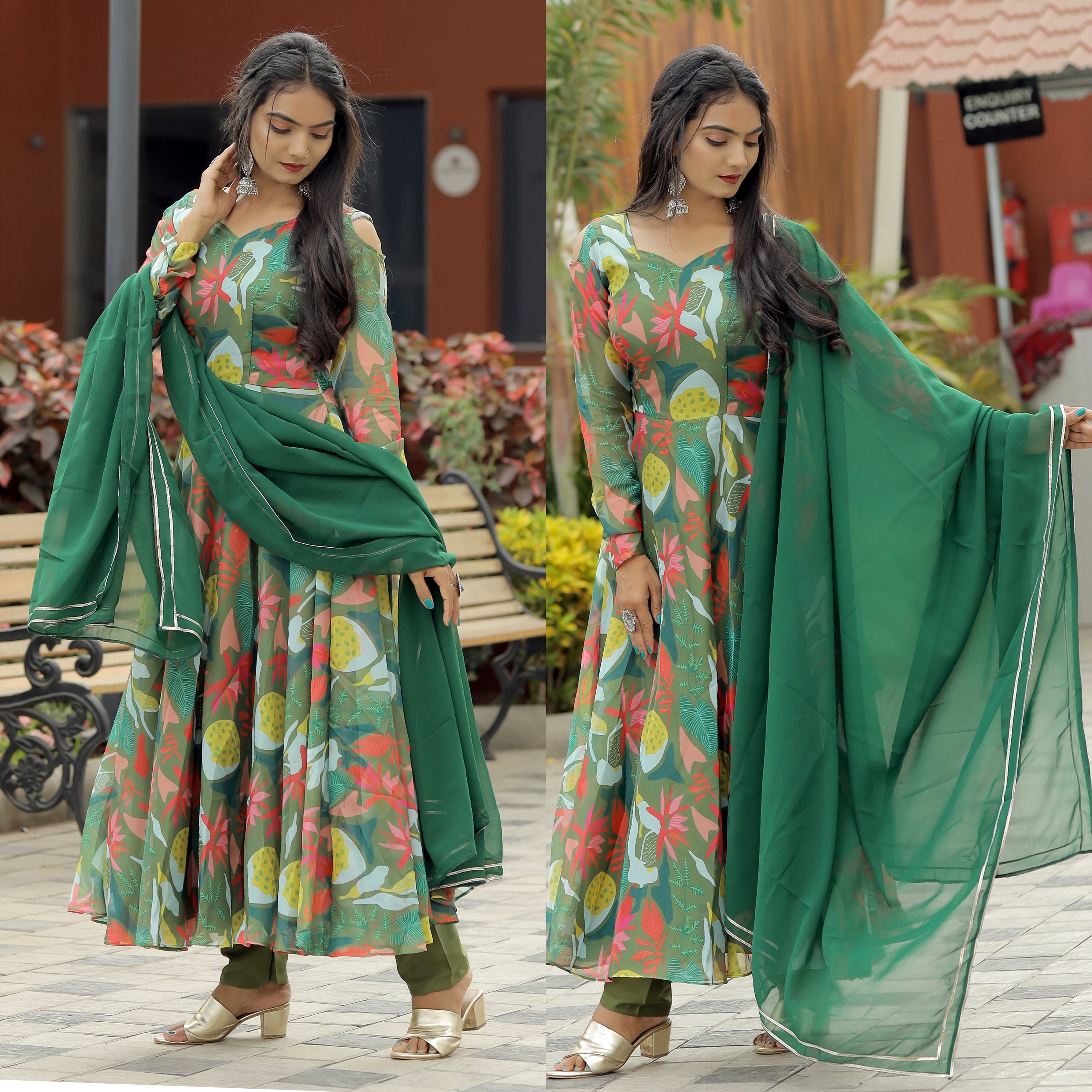 Floral Fantasy Georgette Anarkali Suit with Solid Green Dupatta – Elegant Ethnic Wear for Festive & Casual Occasions