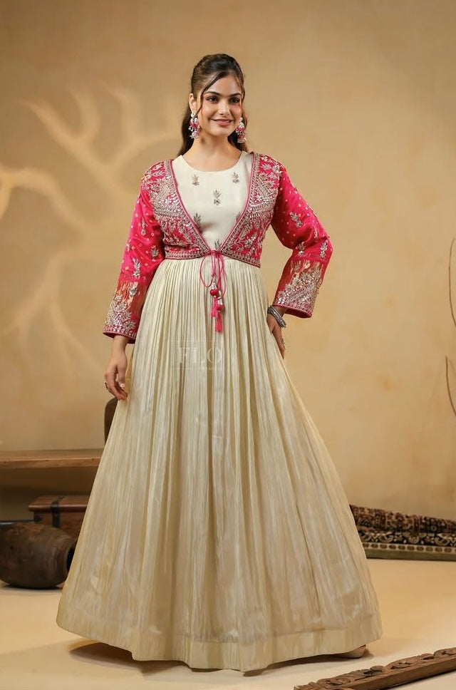 Designer Ivory Floor-Length Anarkali Gown with Contrast Pink Embroidered Jacket, Intricate Thread & Zari Work Detailing – Perfect for Weddings, Parties & Festive Celebrations