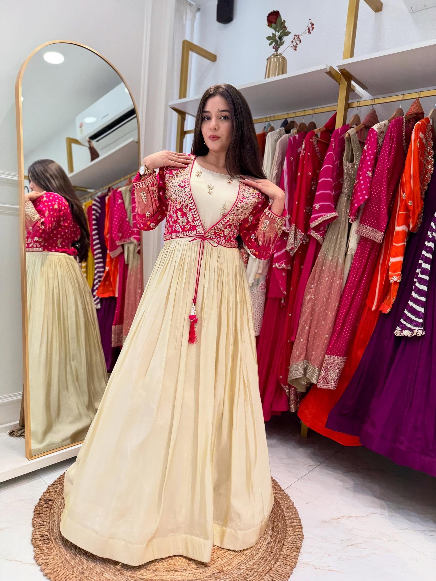 Designer Ivory Floor-Length Anarkali Gown with Contrast Pink Embroidered Jacket, Intricate Thread & Zari Work Detailing – Perfect for Weddings, Parties & Festive Celebrations