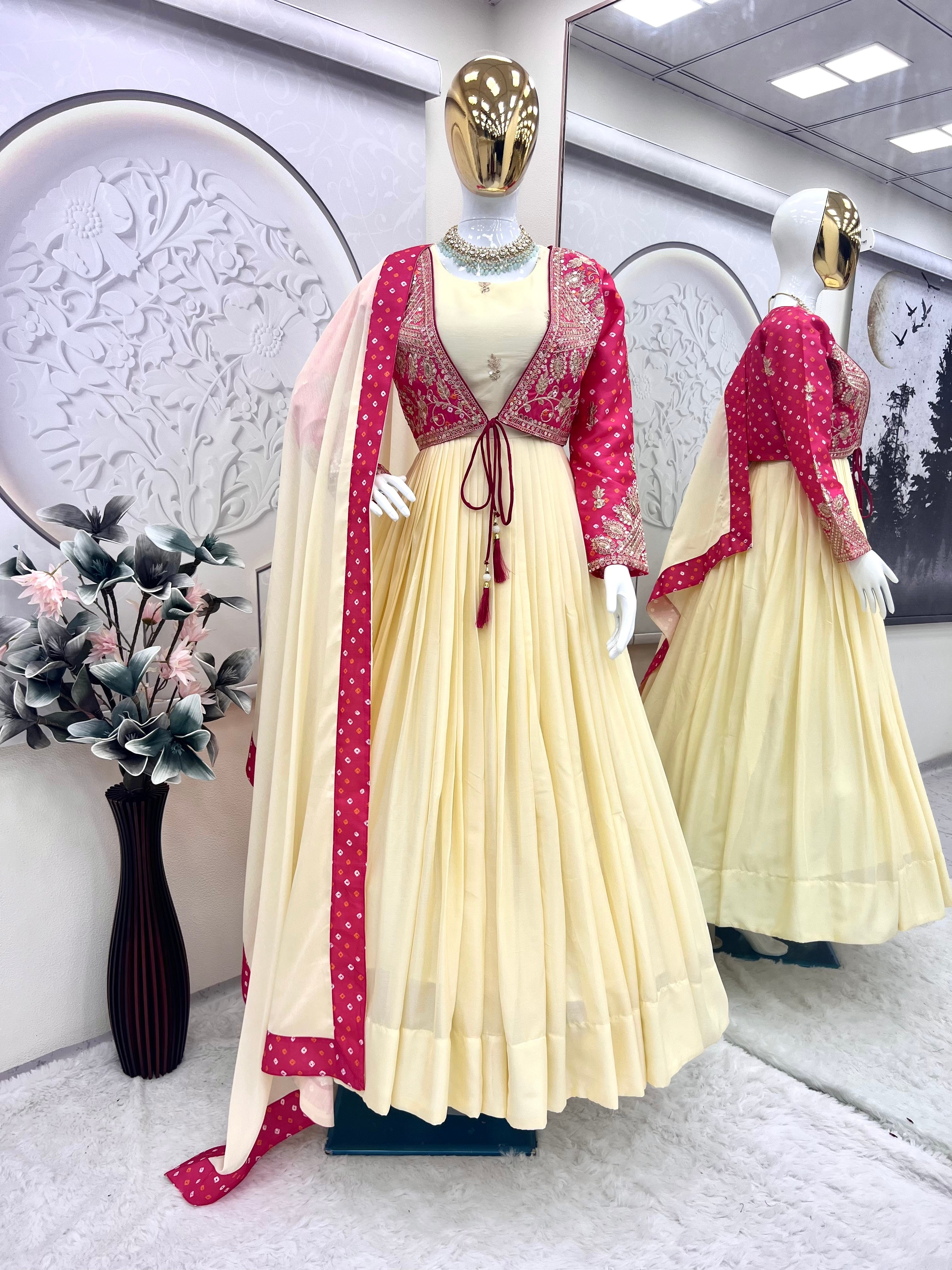Designer Ivory Floor-Length Anarkali Gown with Contrast Pink Embroidered Jacket, Intricate Thread & Zari Work Detailing – Perfect for Weddings, Parties & Festive Celebrations
