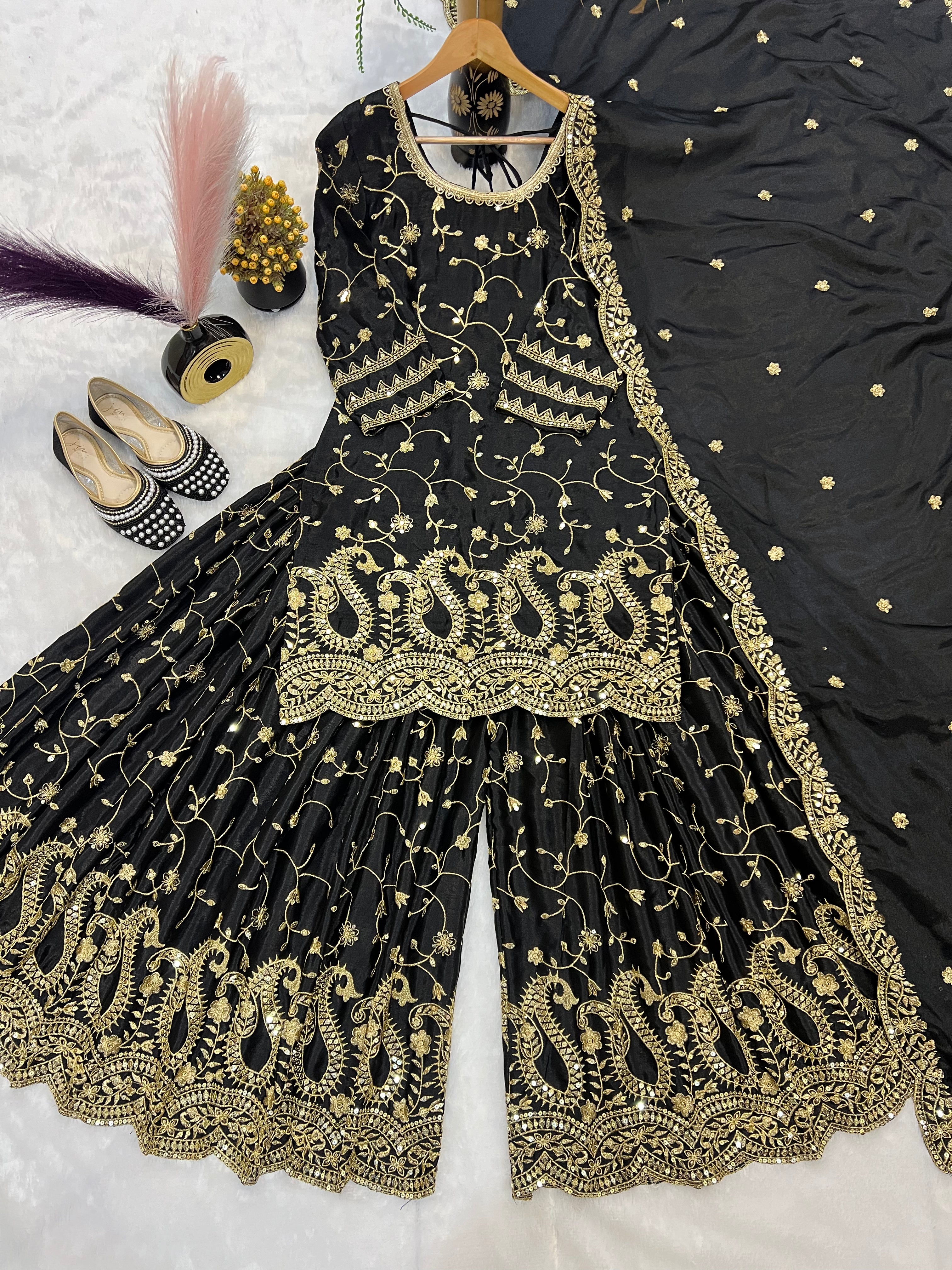 Elegant Black Heavy Embroidered Sharara Suit with Golden Zari & Sequin Work and Matching Dupatta – Premium Wedding & Party Wear Collection