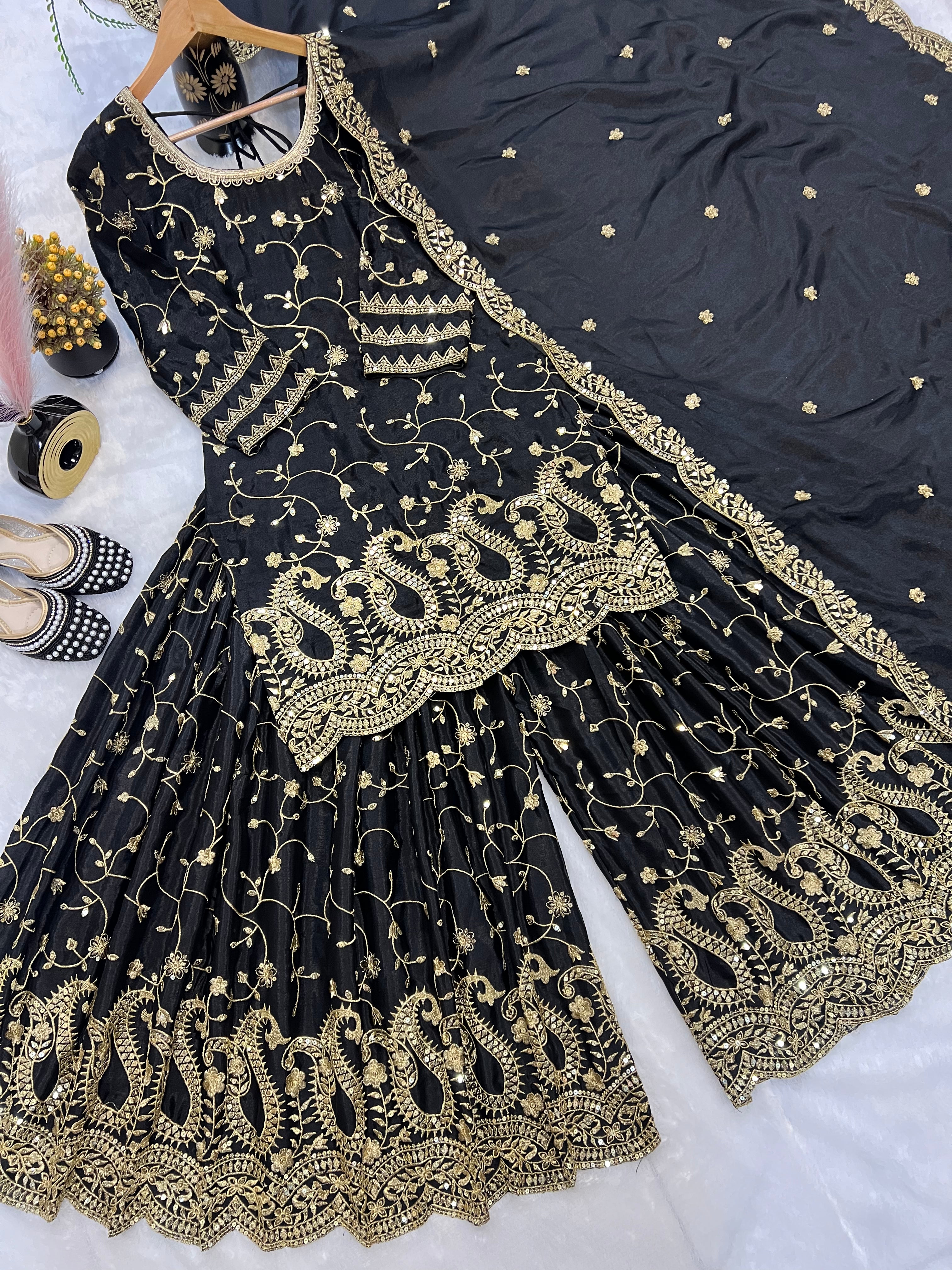 Elegant Black Heavy Embroidered Sharara Suit with Golden Zari & Sequin Work and Matching Dupatta – Premium Wedding & Party Wear Collection