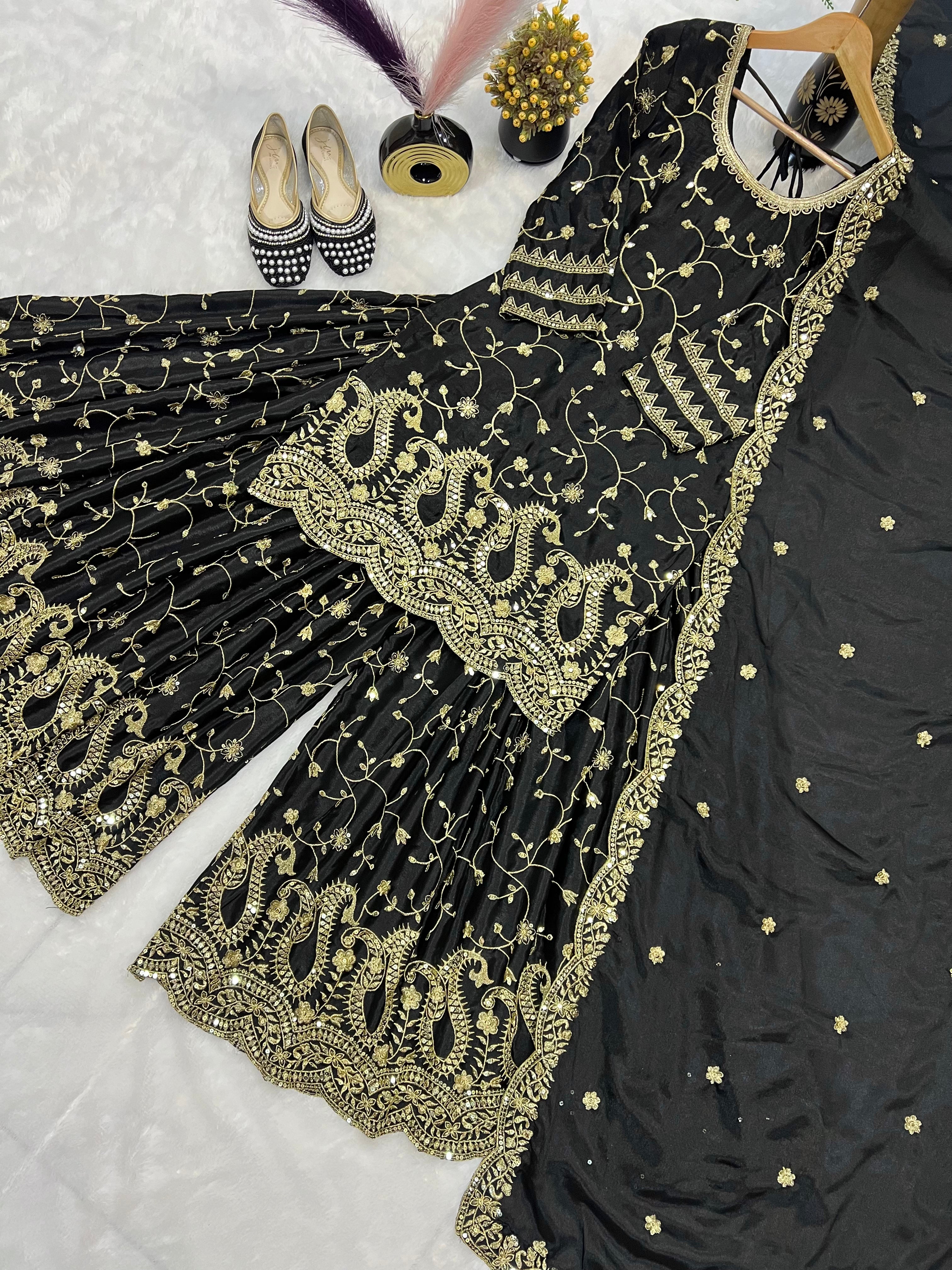 Elegant Black Heavy Embroidered Sharara Suit with Golden Zari & Sequin Work and Matching Dupatta – Premium Wedding & Party Wear Collection
