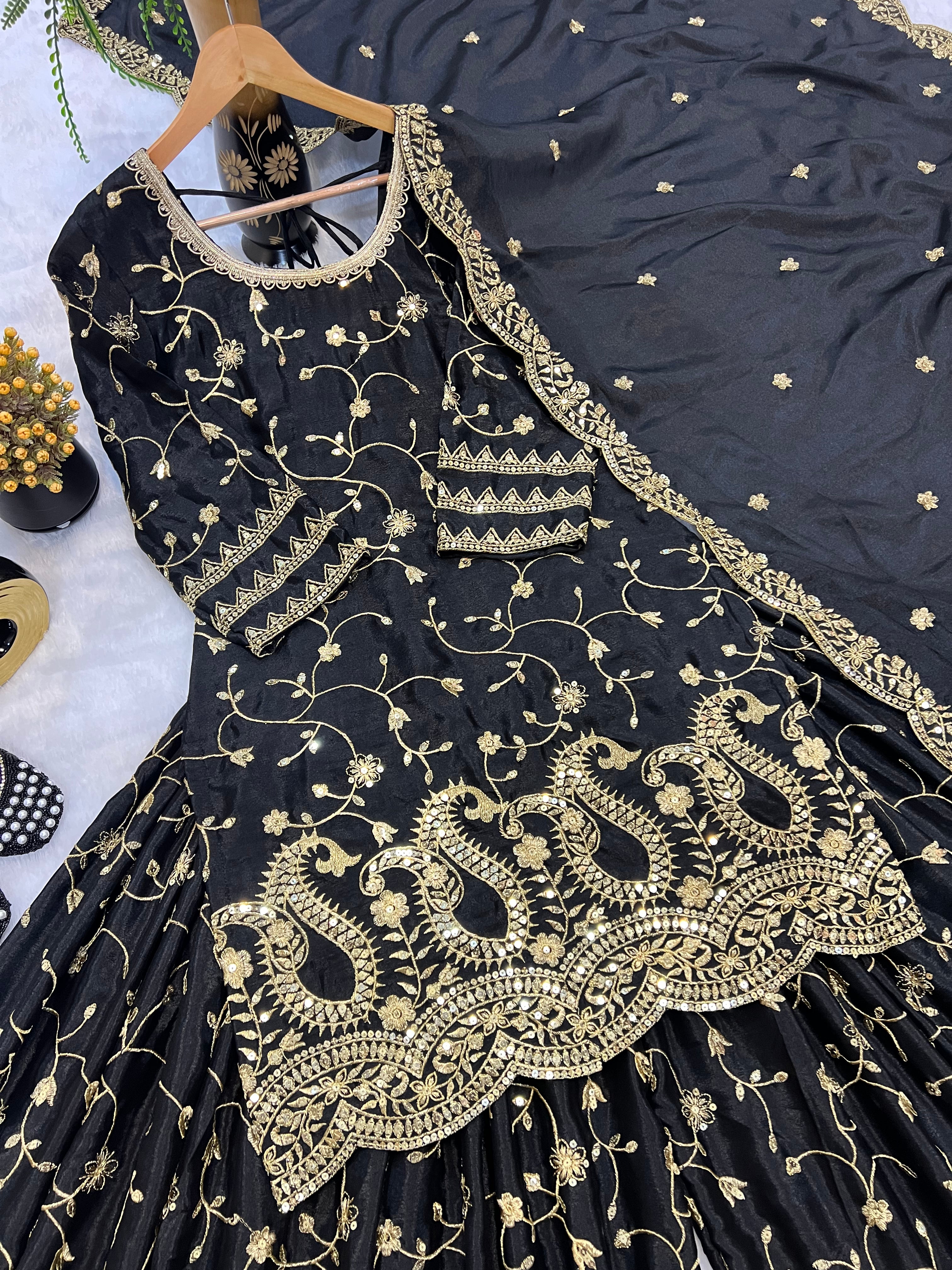 Elegant Black Heavy Embroidered Sharara Suit with Golden Zari & Sequin Work and Matching Dupatta – Premium Wedding & Party Wear Collection
