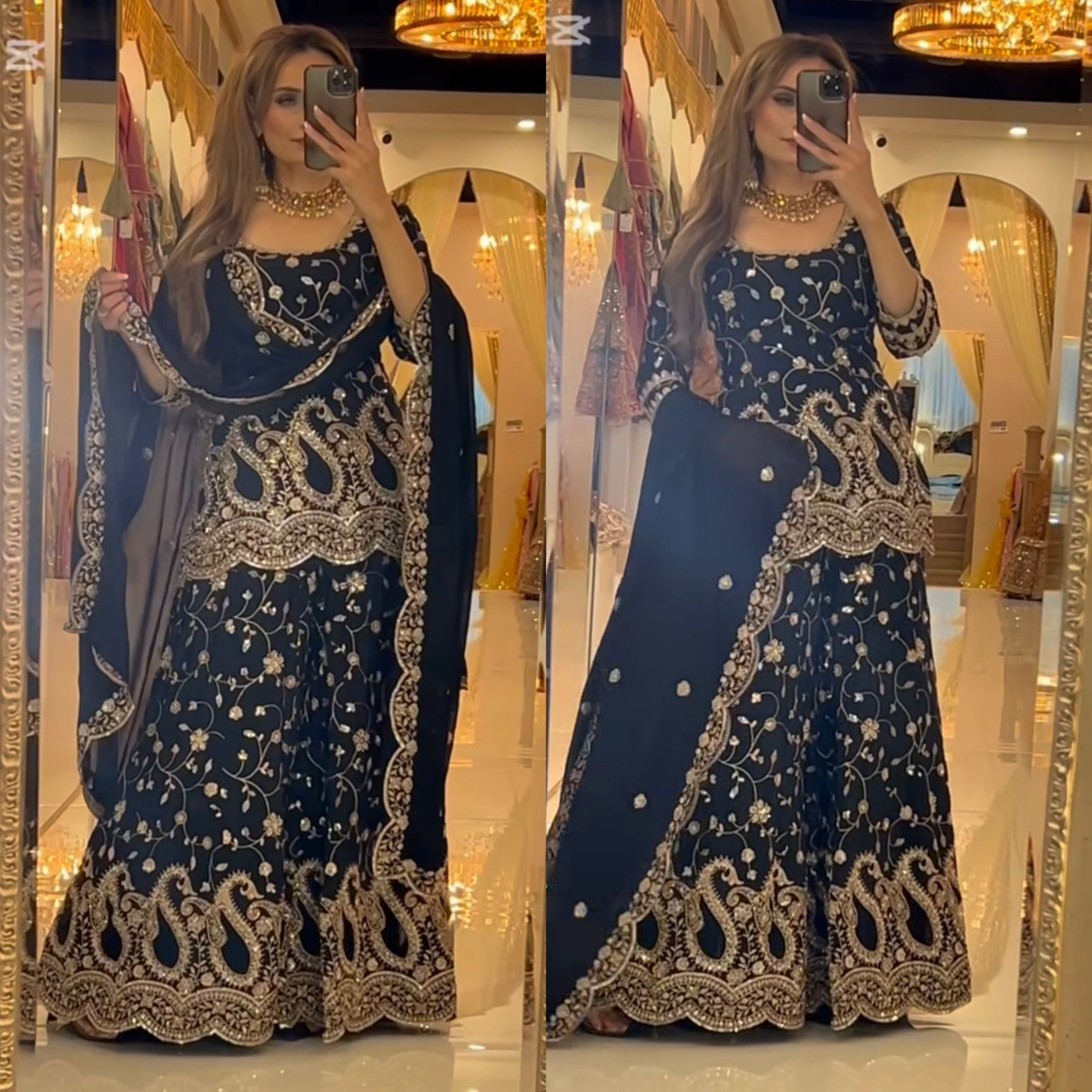 Elegant Black Heavy Embroidered Sharara Suit with Golden Zari & Sequin Work and Matching Dupatta – Premium Wedding & Party Wear Collection