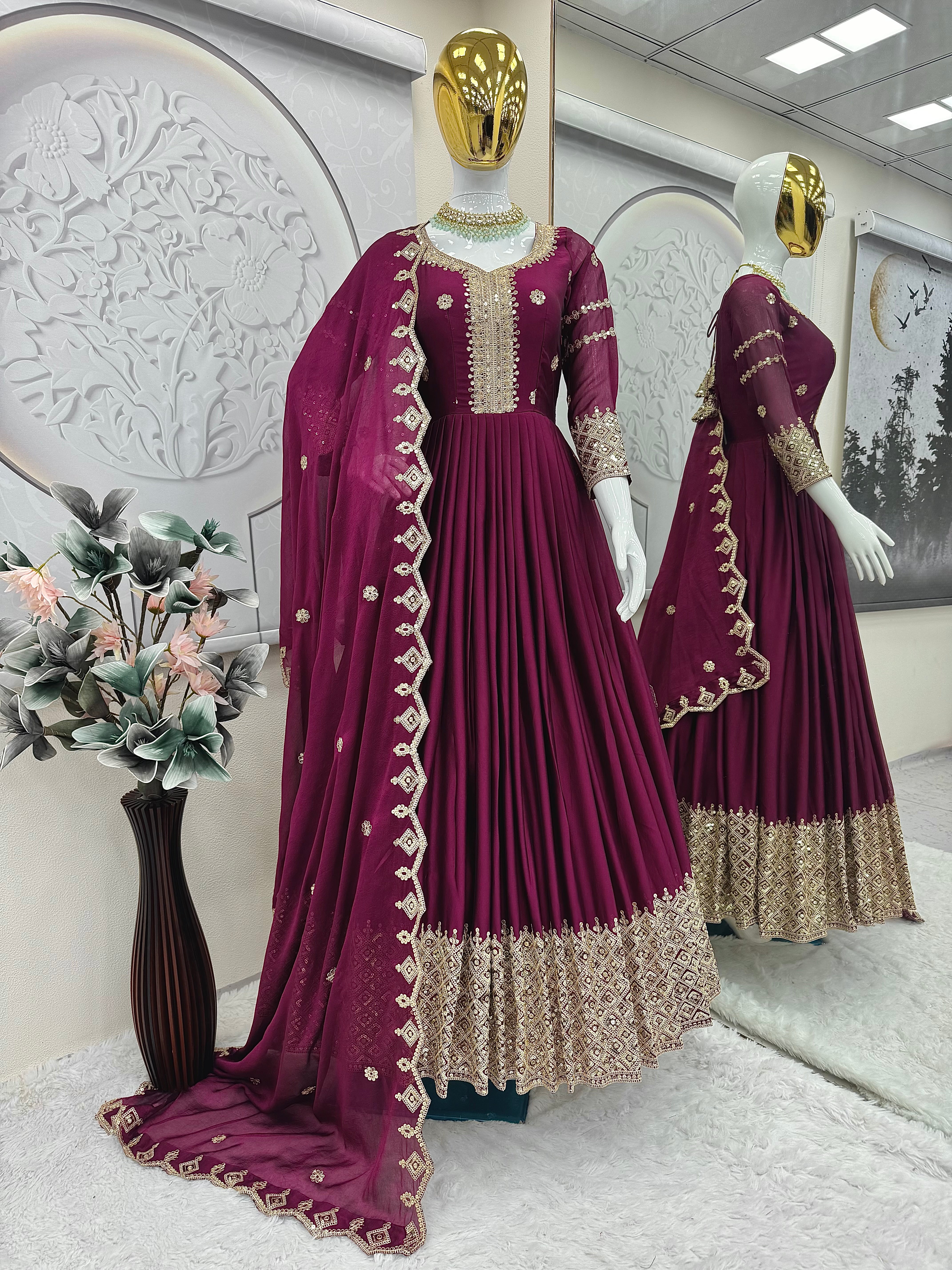 Designer Plum Floor-Length Anarkali Suit with Intricate Golden Embroidery, Heavy Zari Border, and Matching Dupatta – Perfect for Weddings, Parties & Festive Occasions