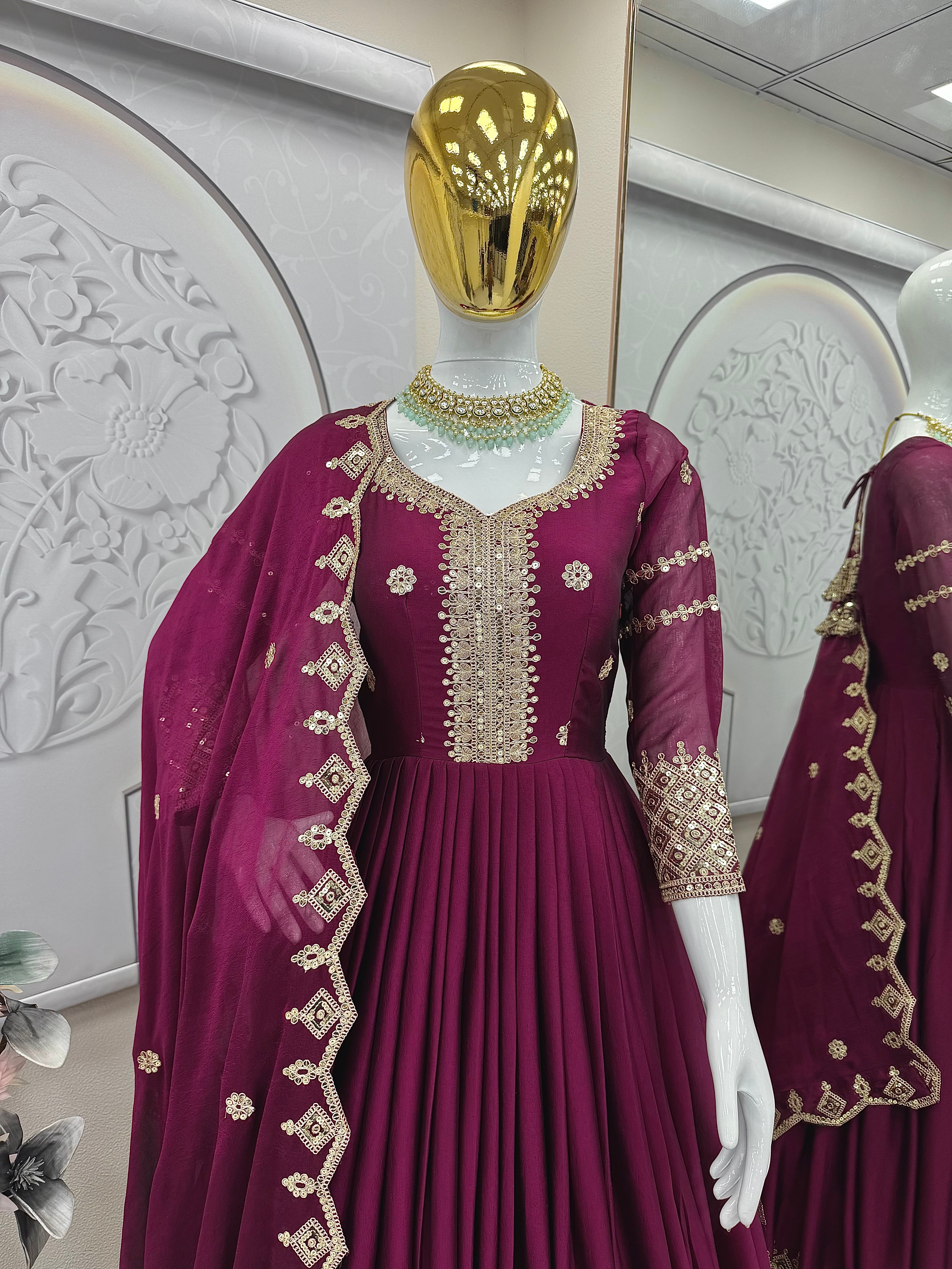 Designer Plum Floor-Length Anarkali Suit with Intricate Golden Embroidery, Heavy Zari Border, and Matching Dupatta – Perfect for Weddings, Parties & Festive Occasions
