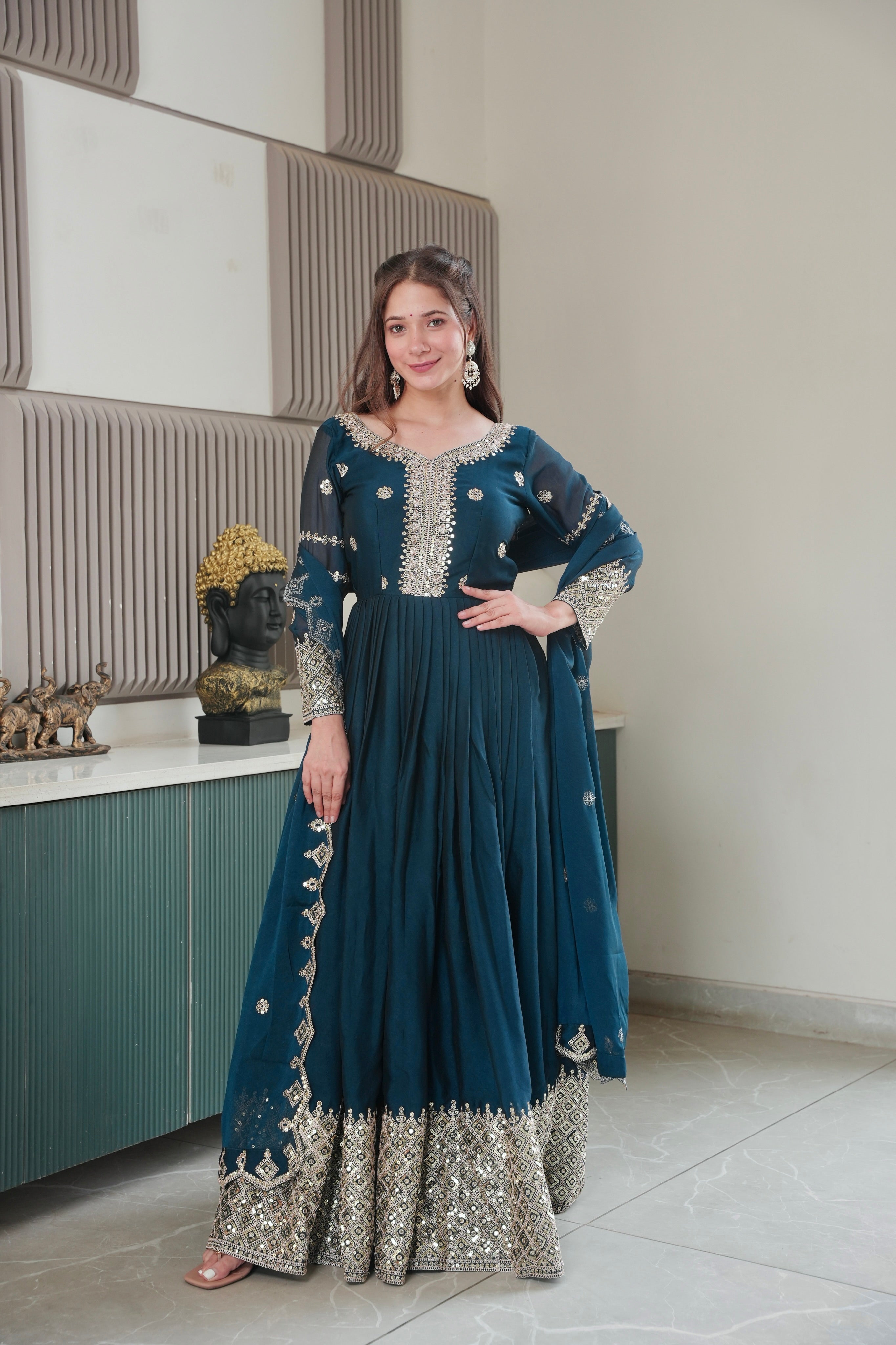 Designer Plum Floor-Length Anarkali Suit with Intricate Golden Embroidery, Heavy Zari Border, and Matching Dupatta – Perfect for Weddings, Parties & Festive Occasions