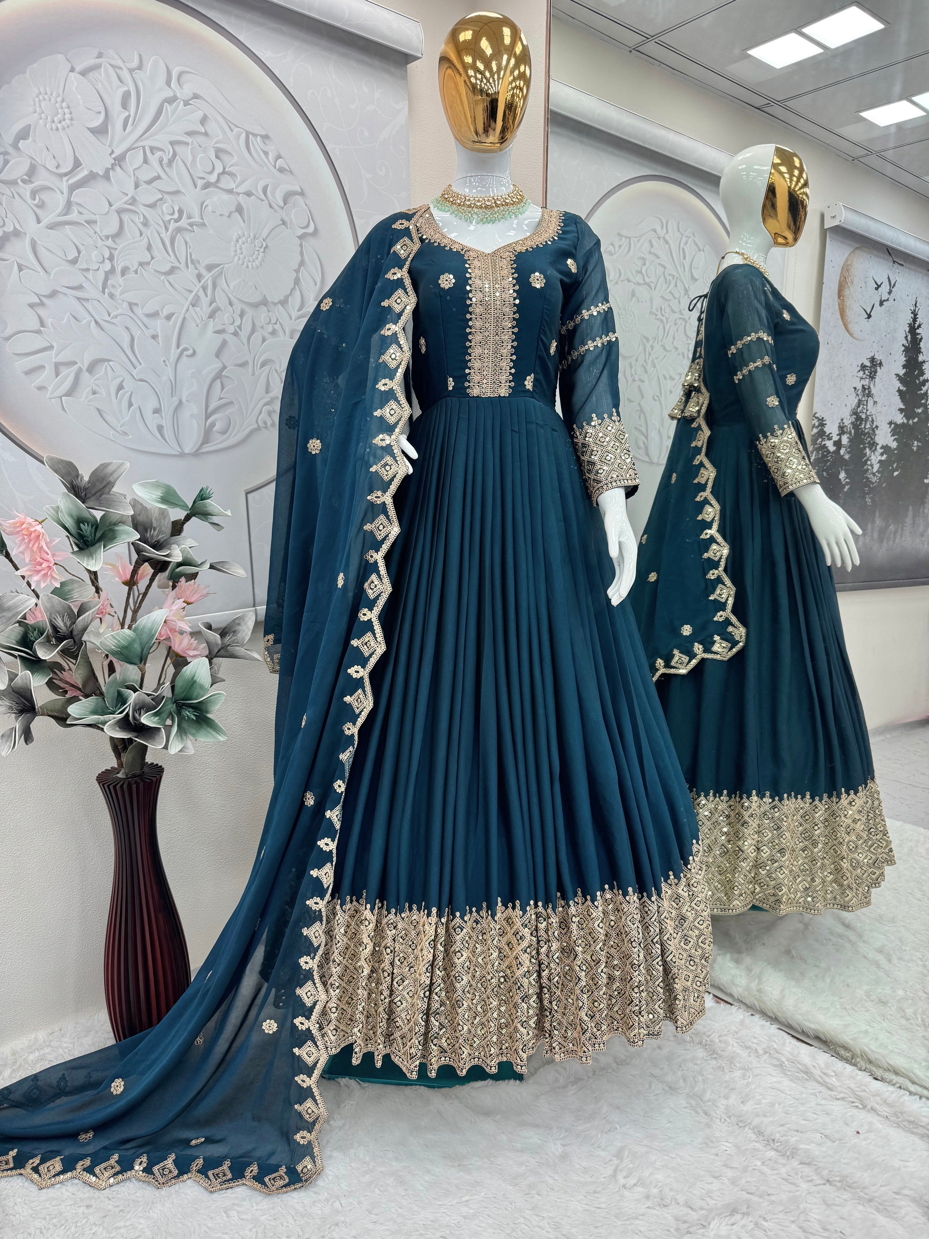 Designer Plum Floor-Length Anarkali Suit with Intricate Golden Embroidery, Heavy Zari Border, and Matching Dupatta – Perfect for Weddings, Parties & Festive Occasions