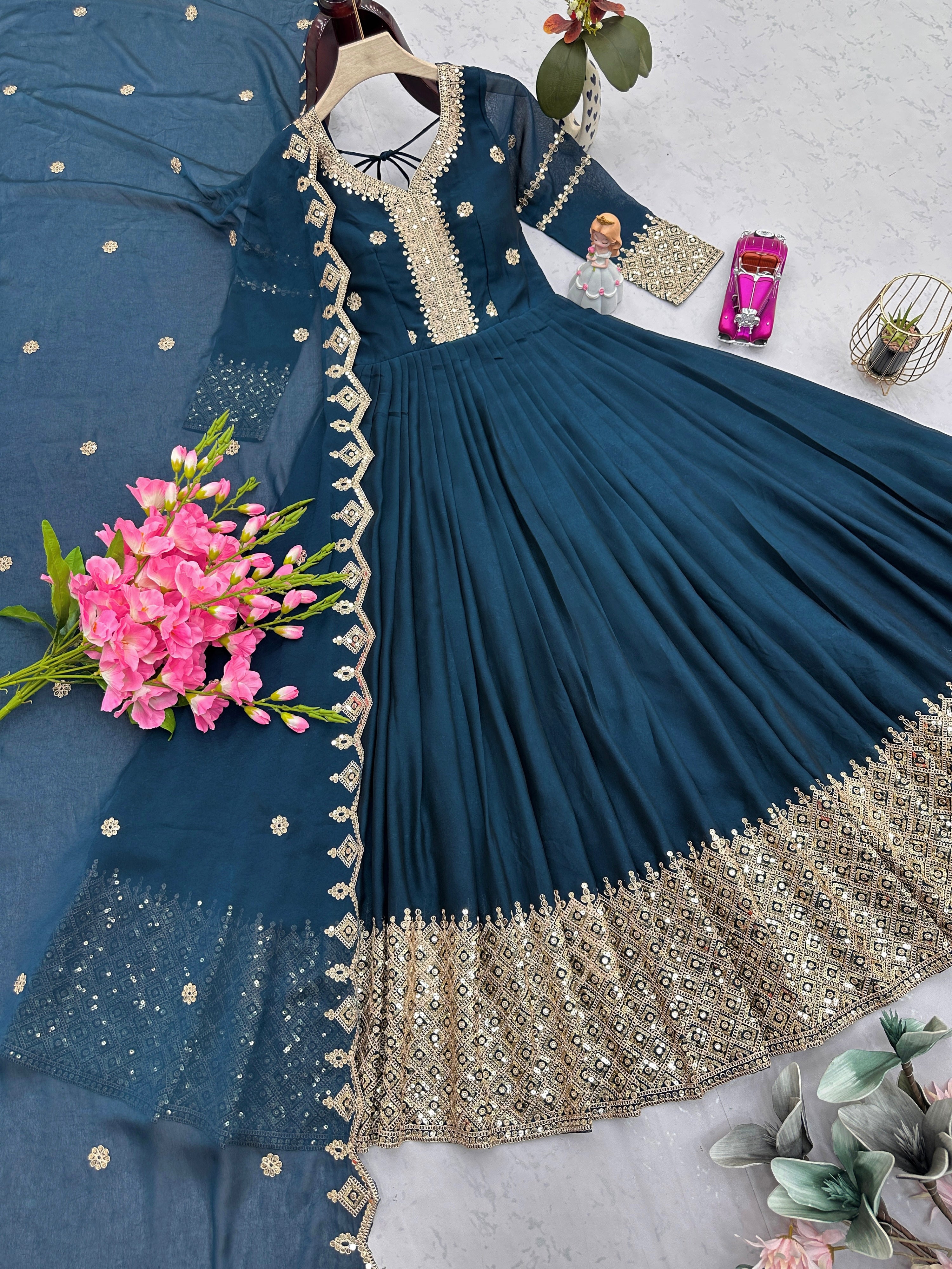 Designer Plum Floor-Length Anarkali Suit with Intricate Golden Embroidery, Heavy Zari Border, and Matching Dupatta – Perfect for Weddings, Parties & Festive Occasions