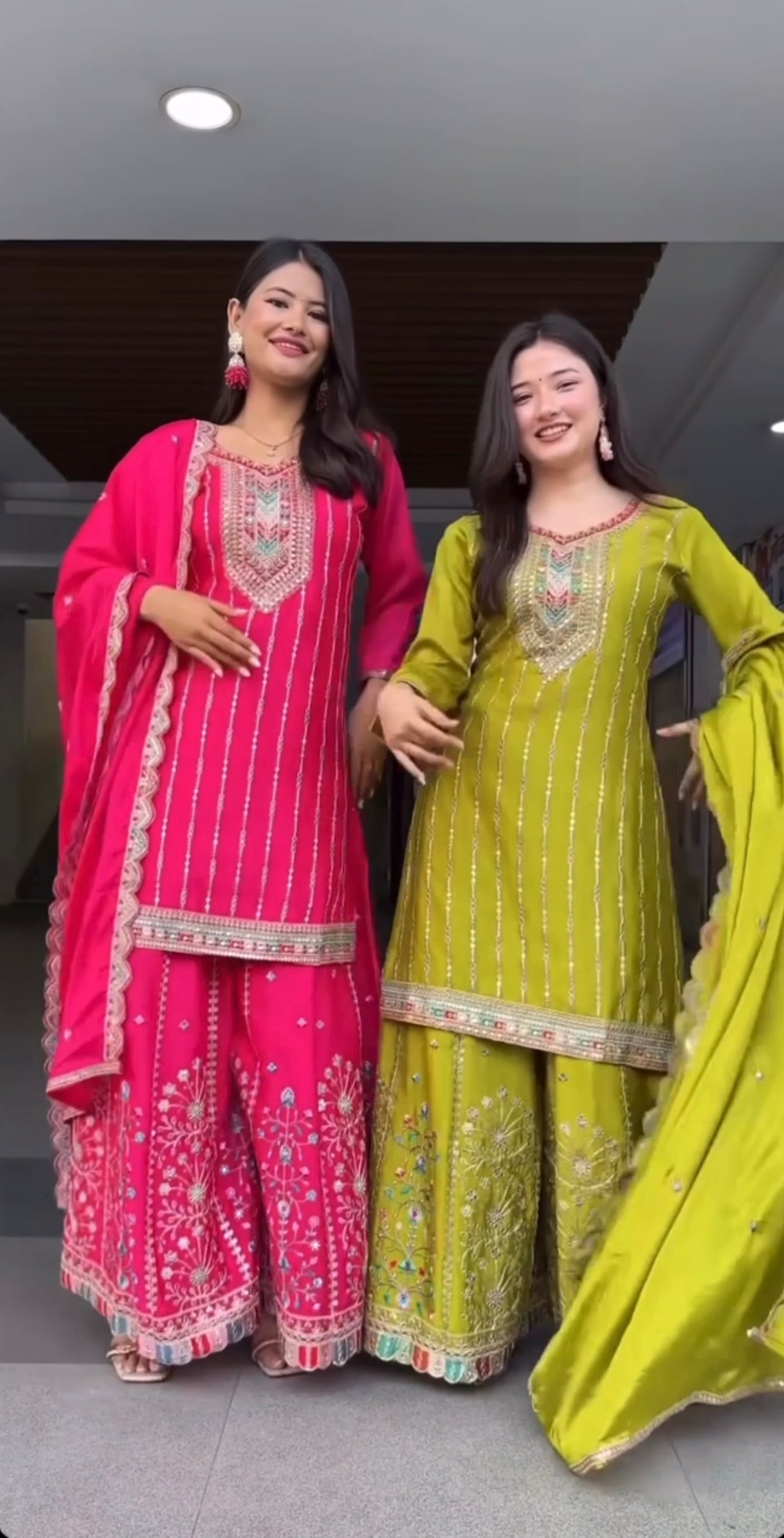 Designer Heavy Embroidered Sharara Suit Set in Rani Pink & Olive Green with Mirror Work Detailing and Matching Dupatta – Wedding & Festive Collection