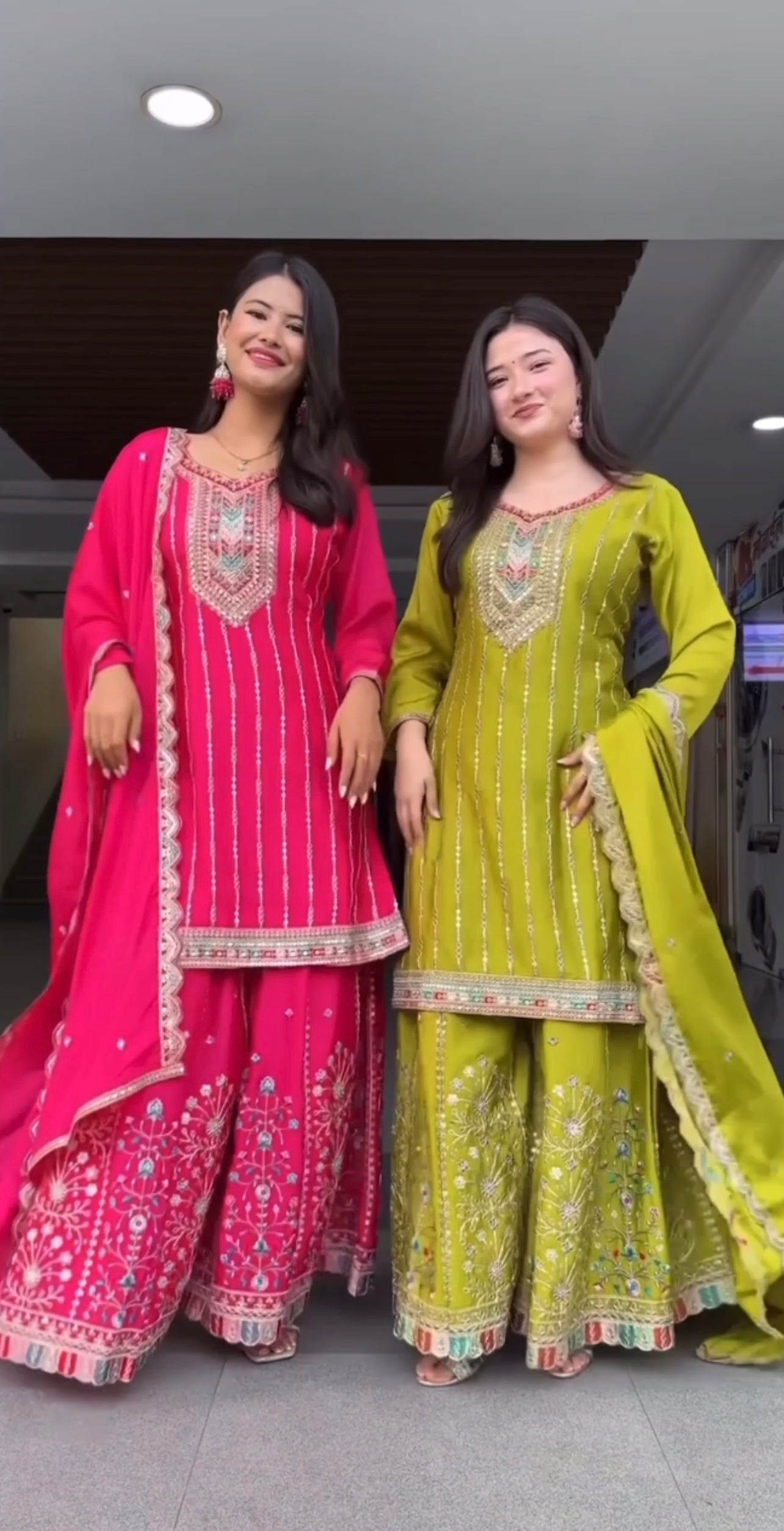 Designer Heavy Embroidered Sharara Suit Set in Rani Pink & Olive Green with Mirror Work Detailing and Matching Dupatta – Wedding & Festive Collection