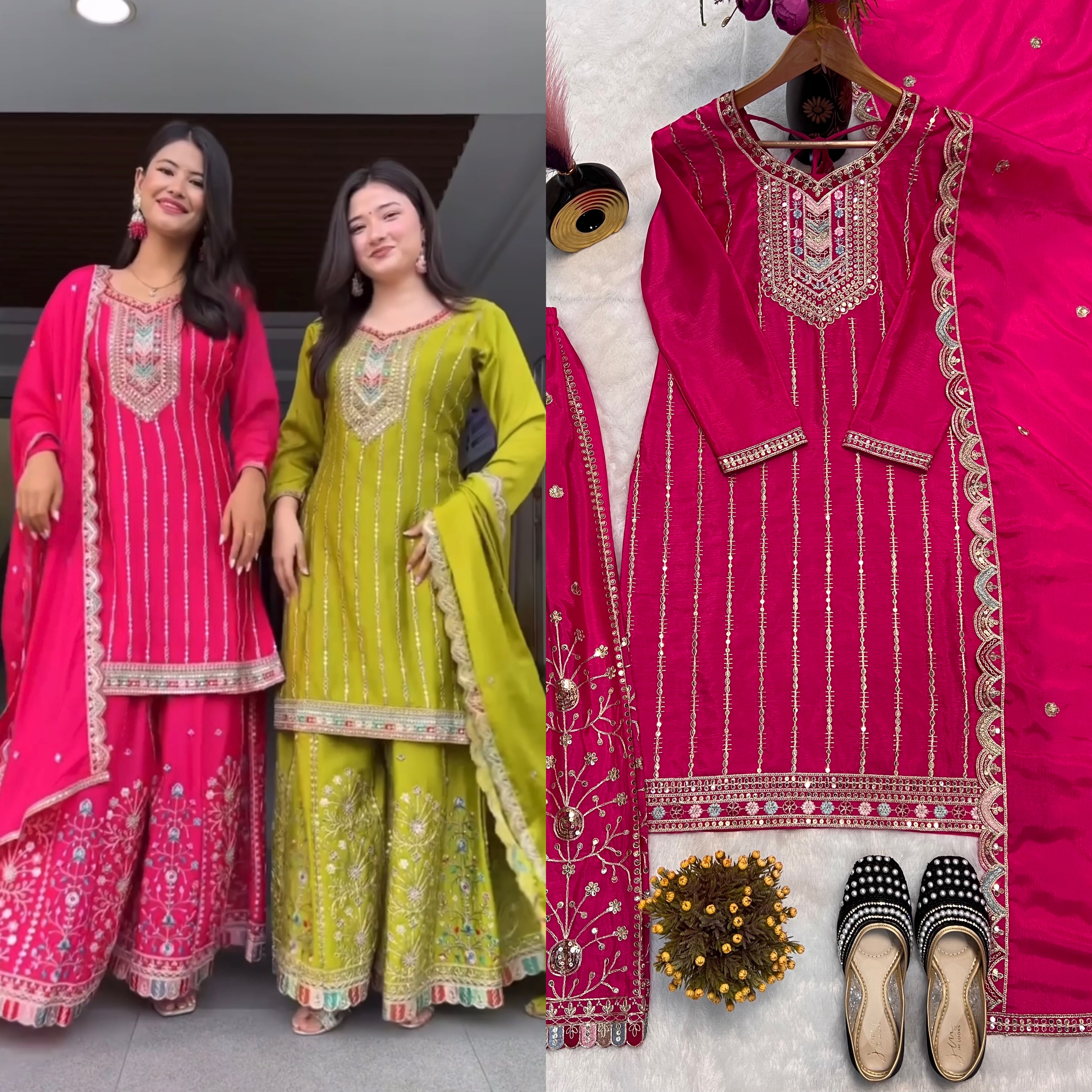 Designer Heavy Embroidered Sharara Suit Set in Rani Pink & Olive Green with Mirror Work Detailing and Matching Dupatta – Wedding & Festive Collection