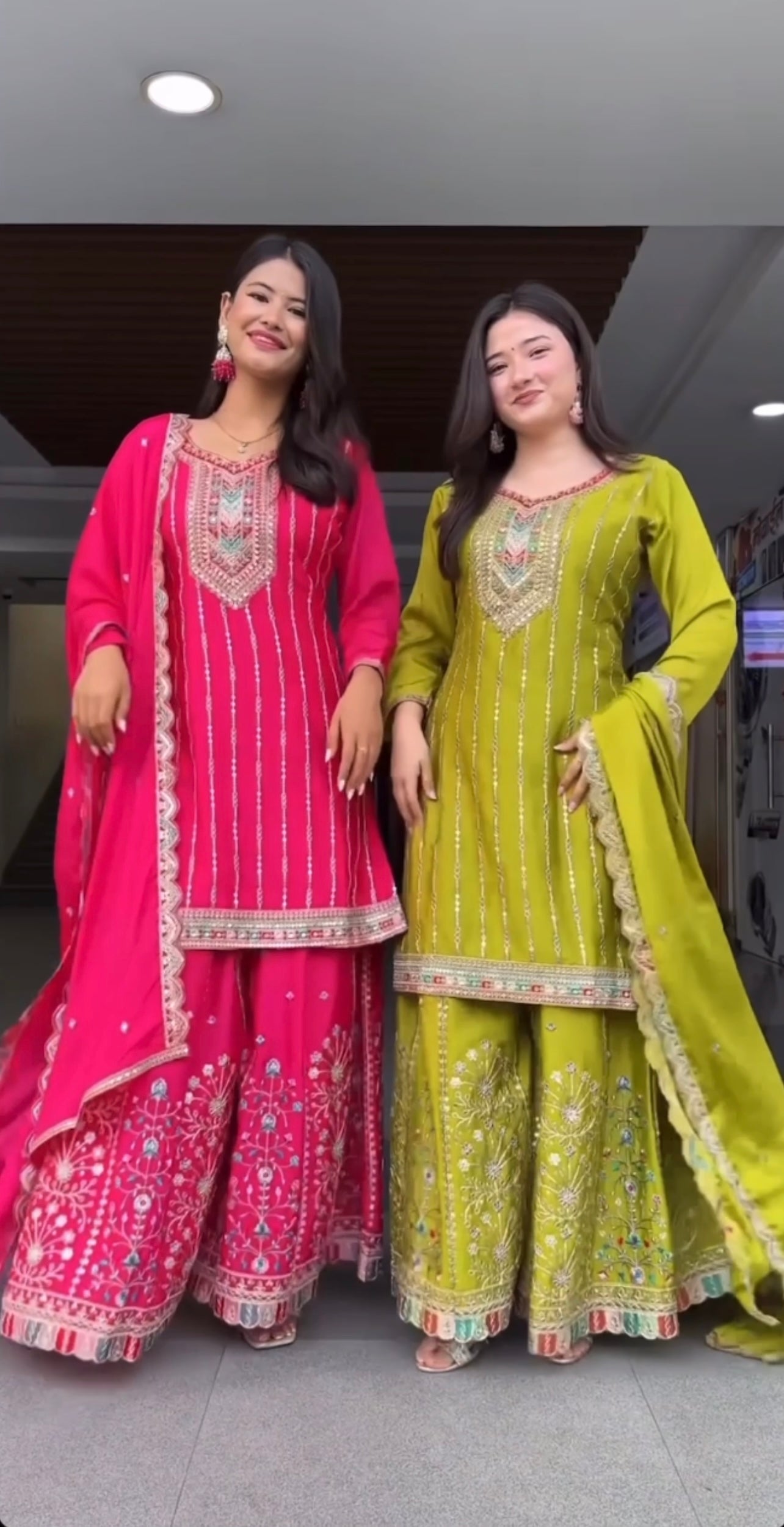 Designer Heavy Embroidered Sharara Suit Set in Rani Pink & Olive Green with Mirror Work Detailing and Matching Dupatta – Wedding & Festive Collection