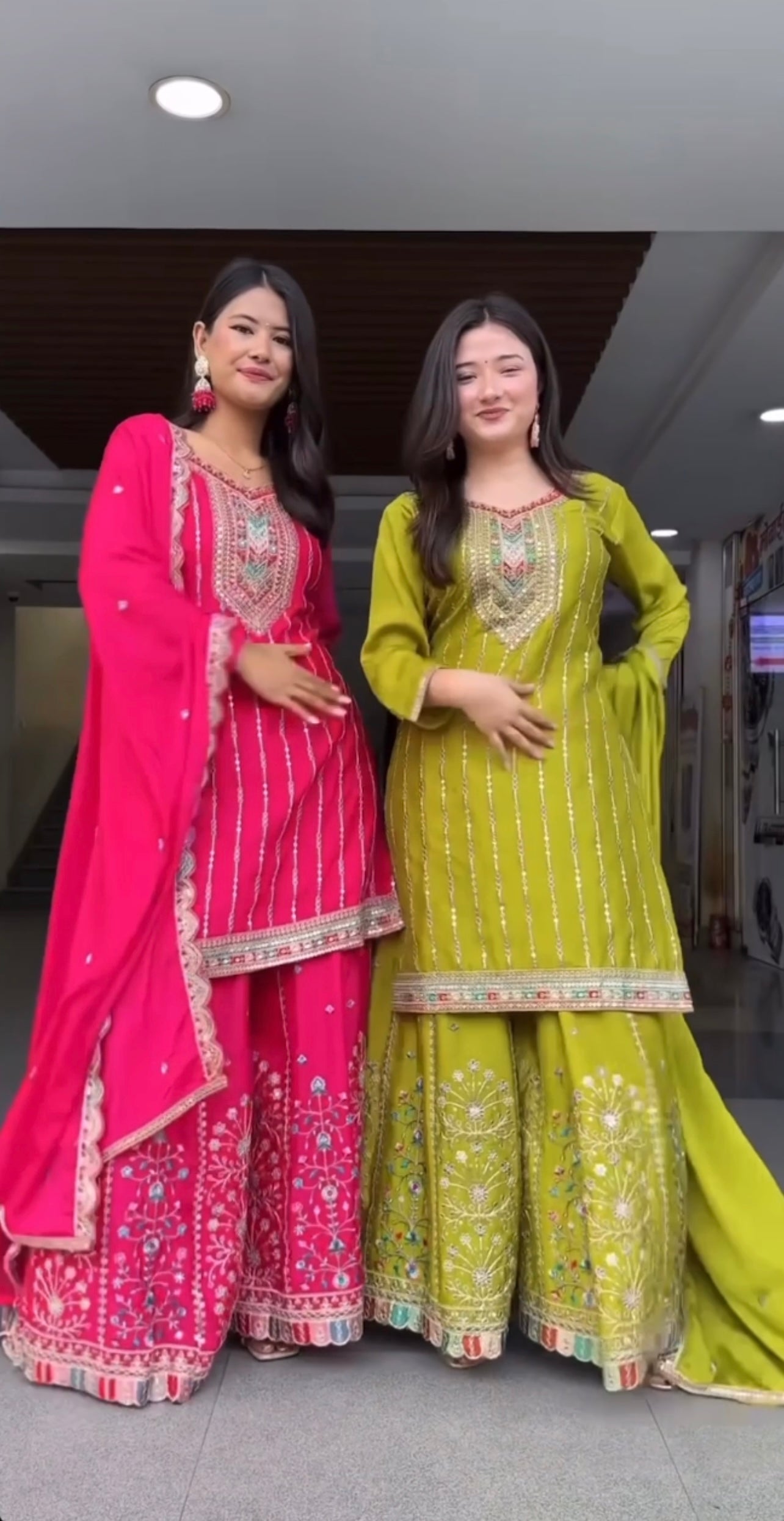 Designer Heavy Embroidered Sharara Suit Set in Rani Pink & Olive Green with Mirror Work Detailing and Matching Dupatta – Wedding & Festive Collection