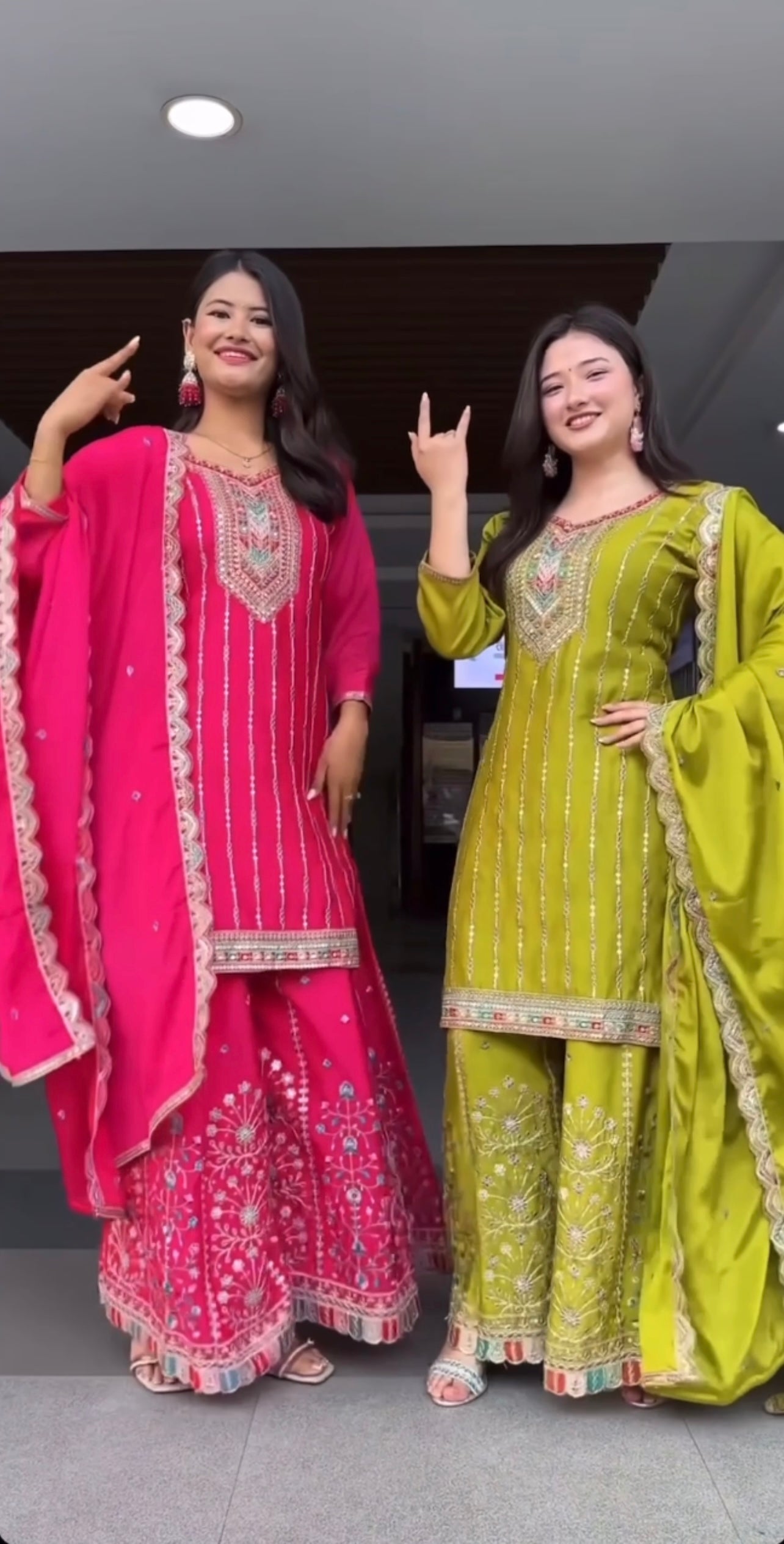 Designer Heavy Embroidered Sharara Suit Set in Rani Pink & Olive Green with Mirror Work Detailing and Matching Dupatta – Wedding & Festive Collection