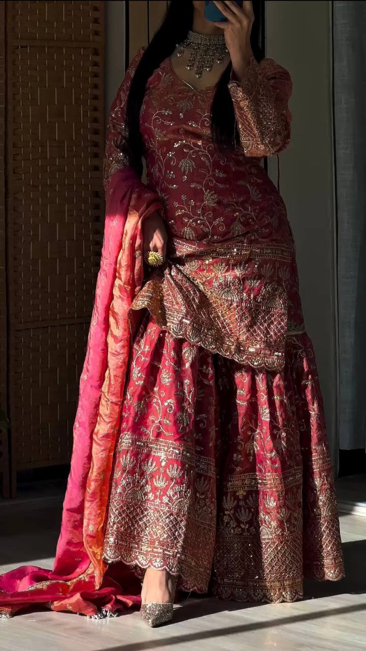 Women’s Designer Pink Sharara Suit Set with Heavy Golden Embroidery, Short Kurta and Flared Sharara Pants with Orange Dupatta – Perfect for Wedding, Party and Festive Wear