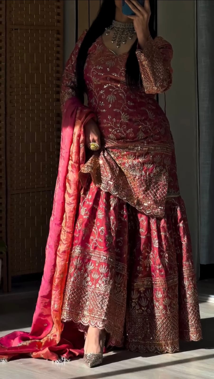 Women’s Designer Pink Sharara Suit Set with Heavy Golden Embroidery, Short Kurta and Flared Sharara Pants with Orange Dupatta – Perfect for Wedding, Party and Festive Wear