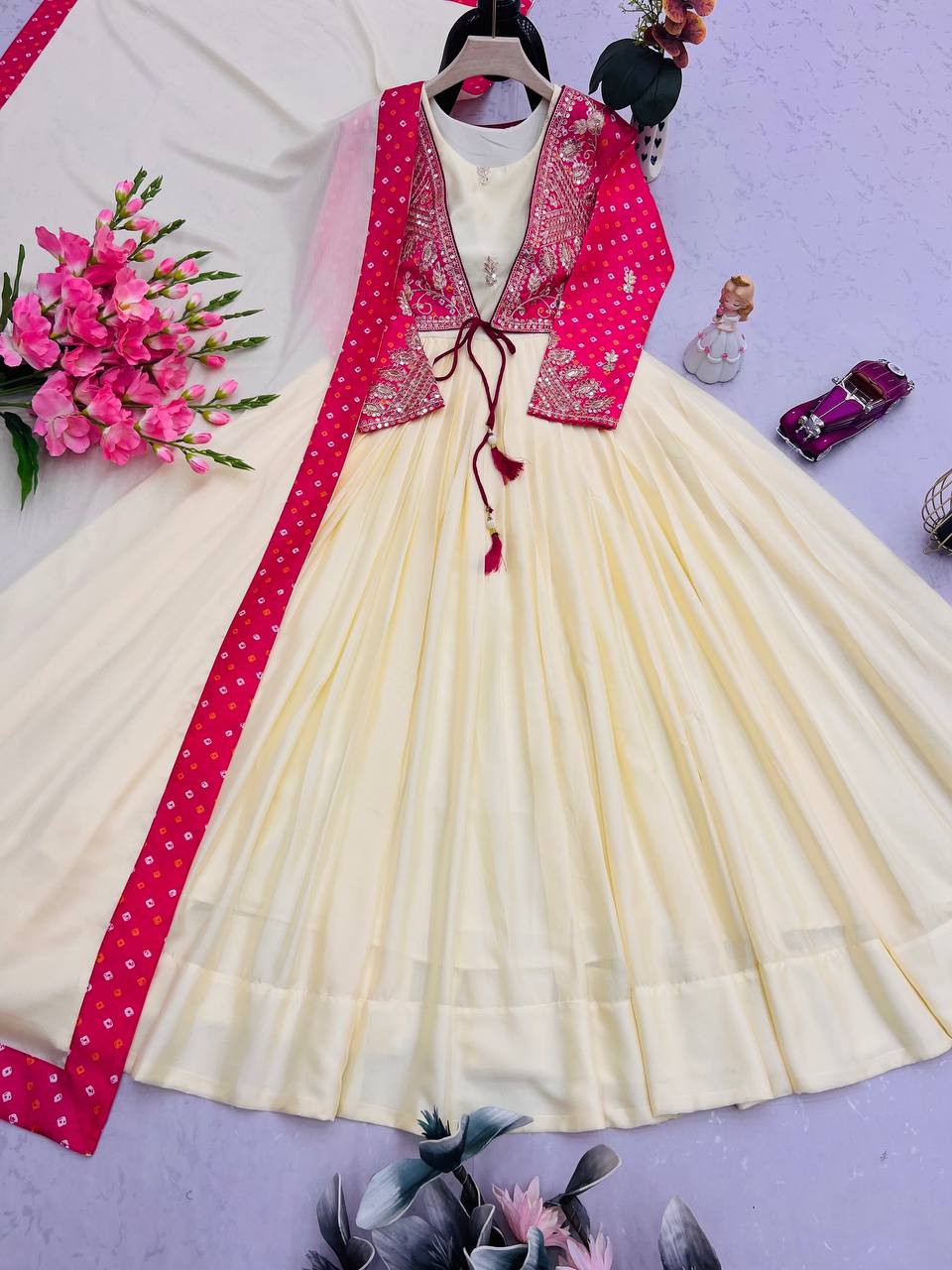 Designer Ivory Floor-Length Anarkali Gown with Contrast Pink Embroidered Jacket, Intricate Thread & Zari Work Detailing – Perfect for Weddings, Parties & Festive Celebrations