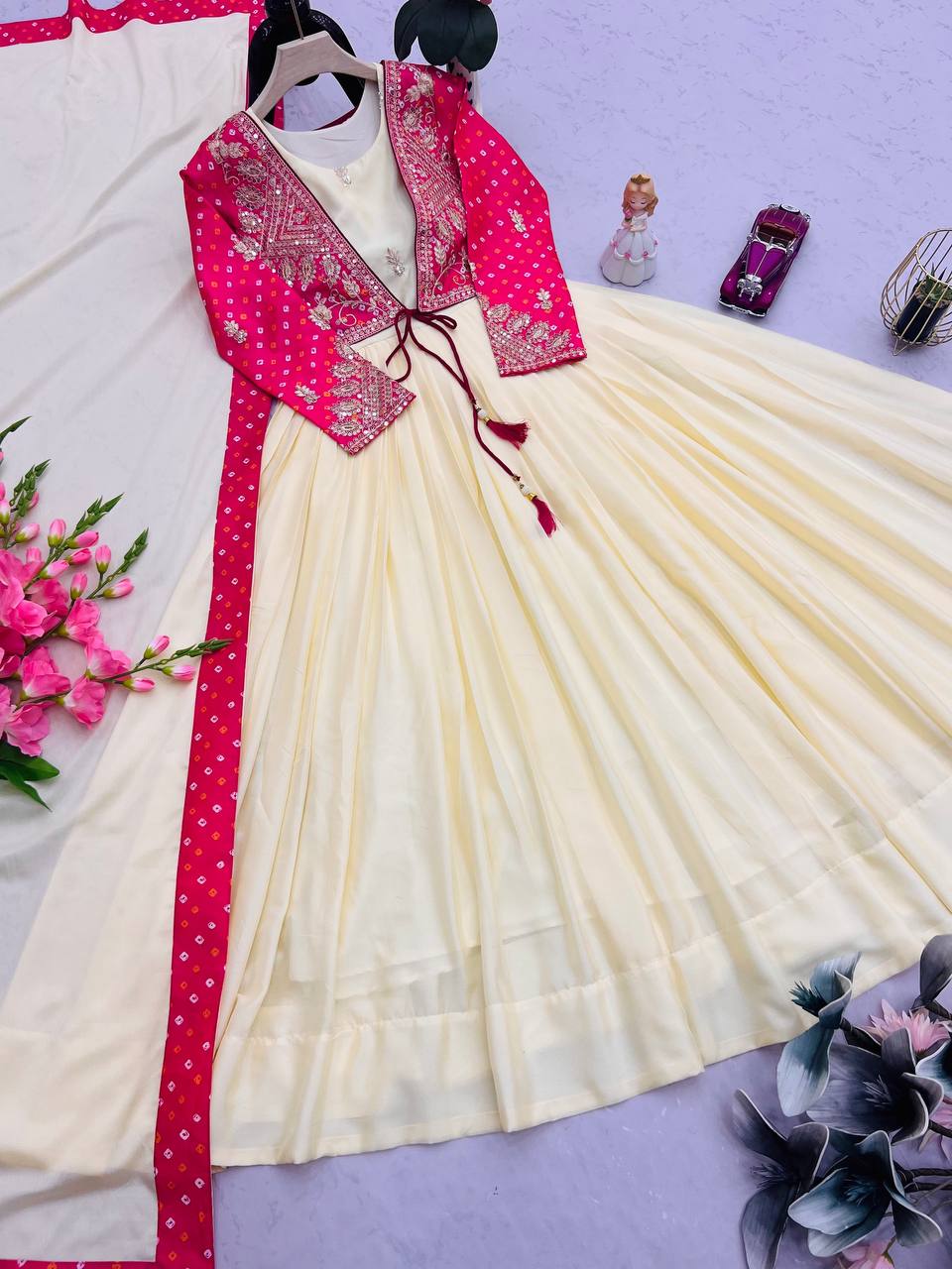 Designer Ivory Floor-Length Anarkali Gown with Contrast Pink Embroidered Jacket, Intricate Thread & Zari Work Detailing – Perfect for Weddings, Parties & Festive Celebrations