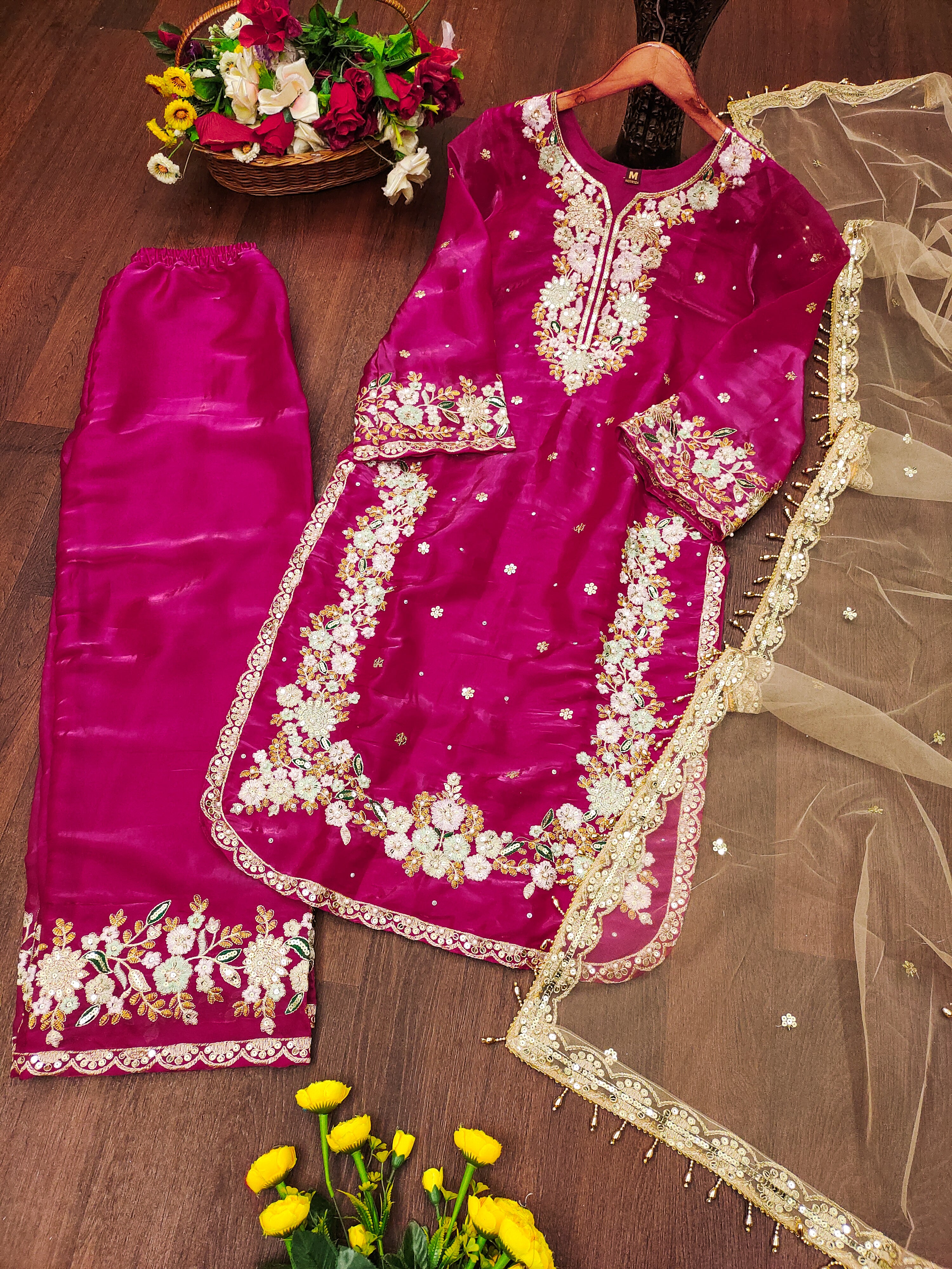 Elegant Heavy Embroidered Kurti with Dupatta & Palazzo – Perfect for Eid & Wedding Functions