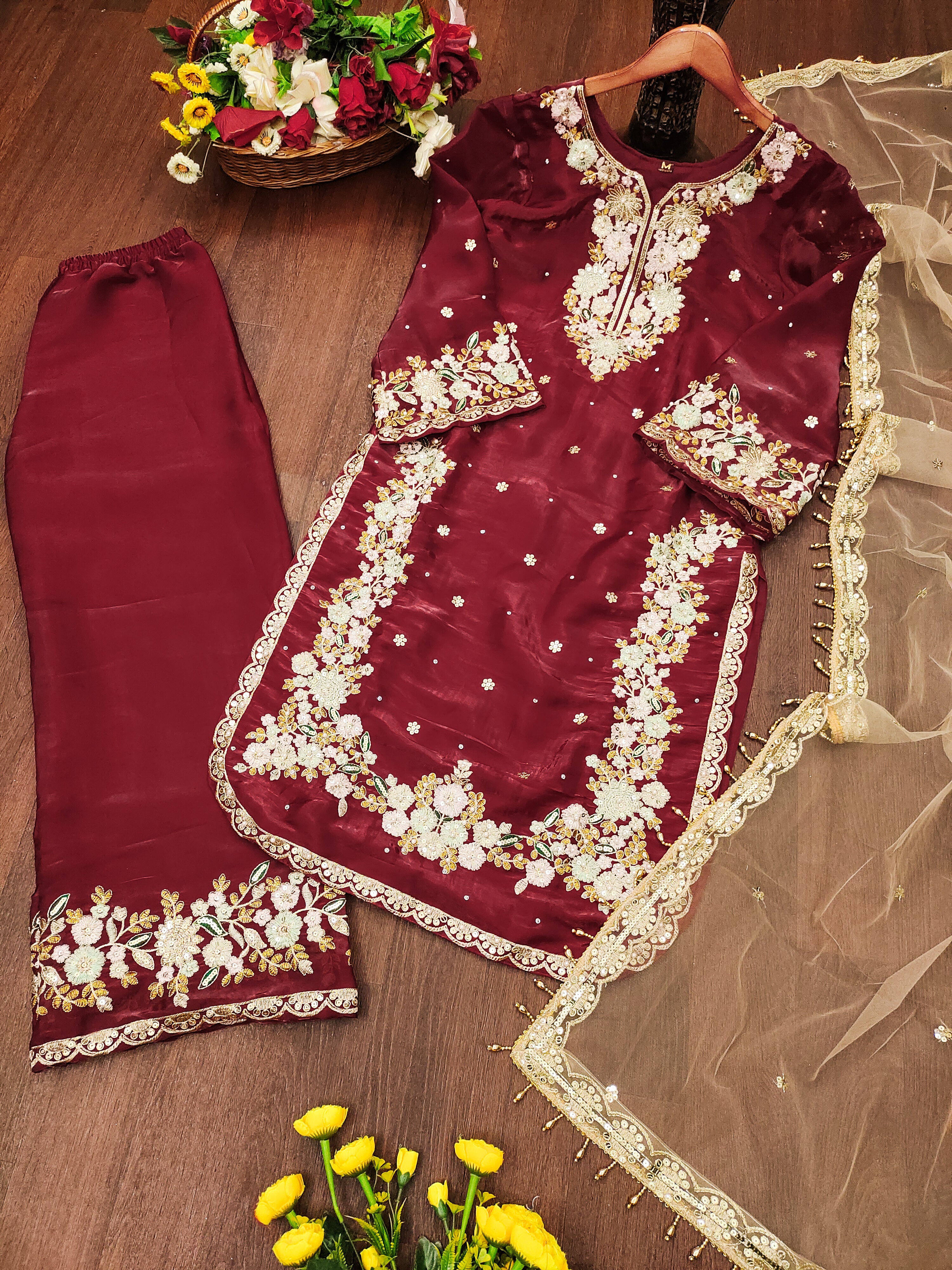 Elegant Heavy Embroidered Kurti with Dupatta & Palazzo – Perfect for Eid & Wedding Functions