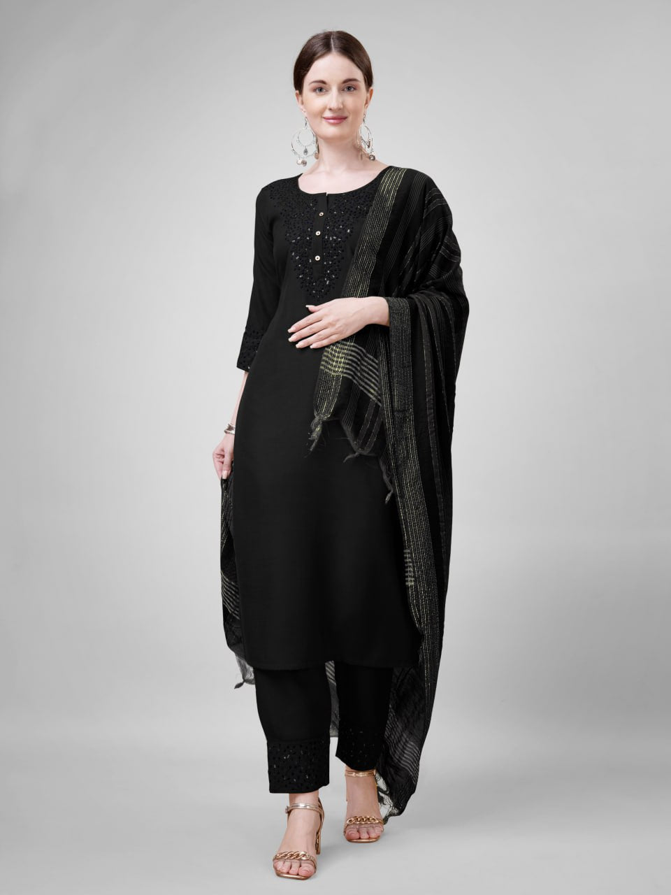 Elegant  Cotton Kurta Set with Embroidered Neckline and Printed Dupatta – Daily & Office Wear