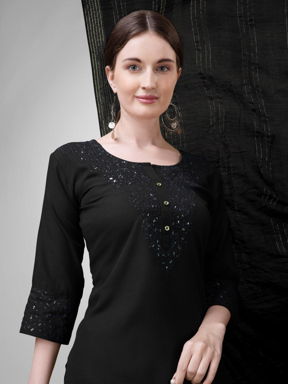 Elegant  Cotton Kurta Set with Embroidered Neckline and Printed Dupatta – Daily & Office Wear