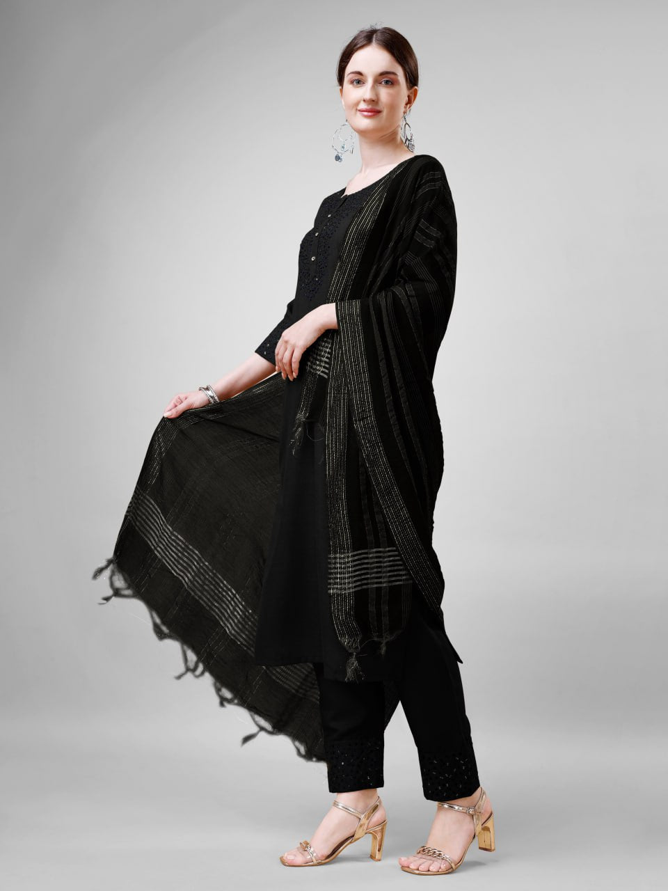 Elegant  Cotton Kurta Set with Embroidered Neckline and Printed Dupatta – Daily & Office Wear