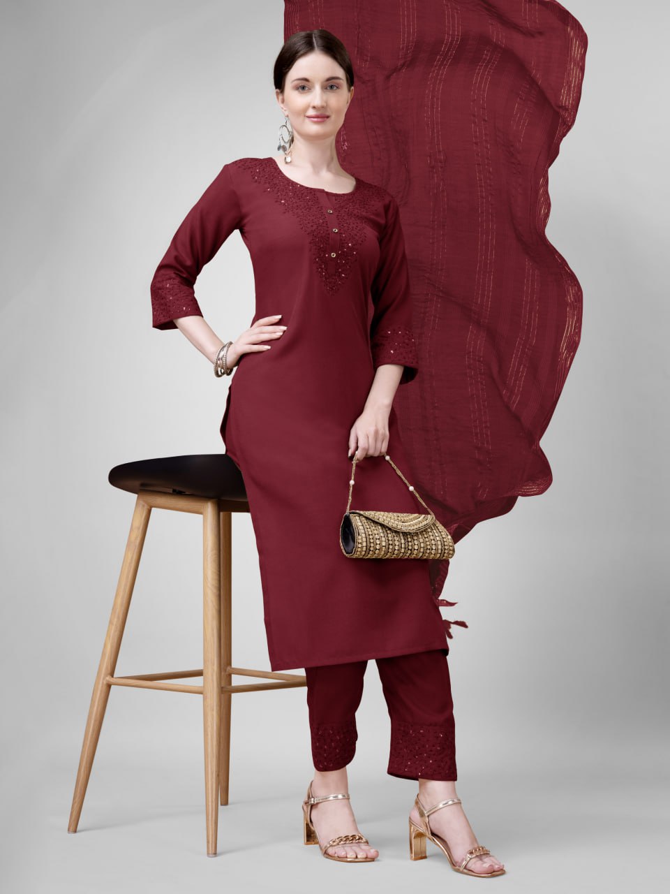 Elegant  Cotton Kurta Set with Embroidered Neckline and Printed Dupatta – Daily & Office Wear