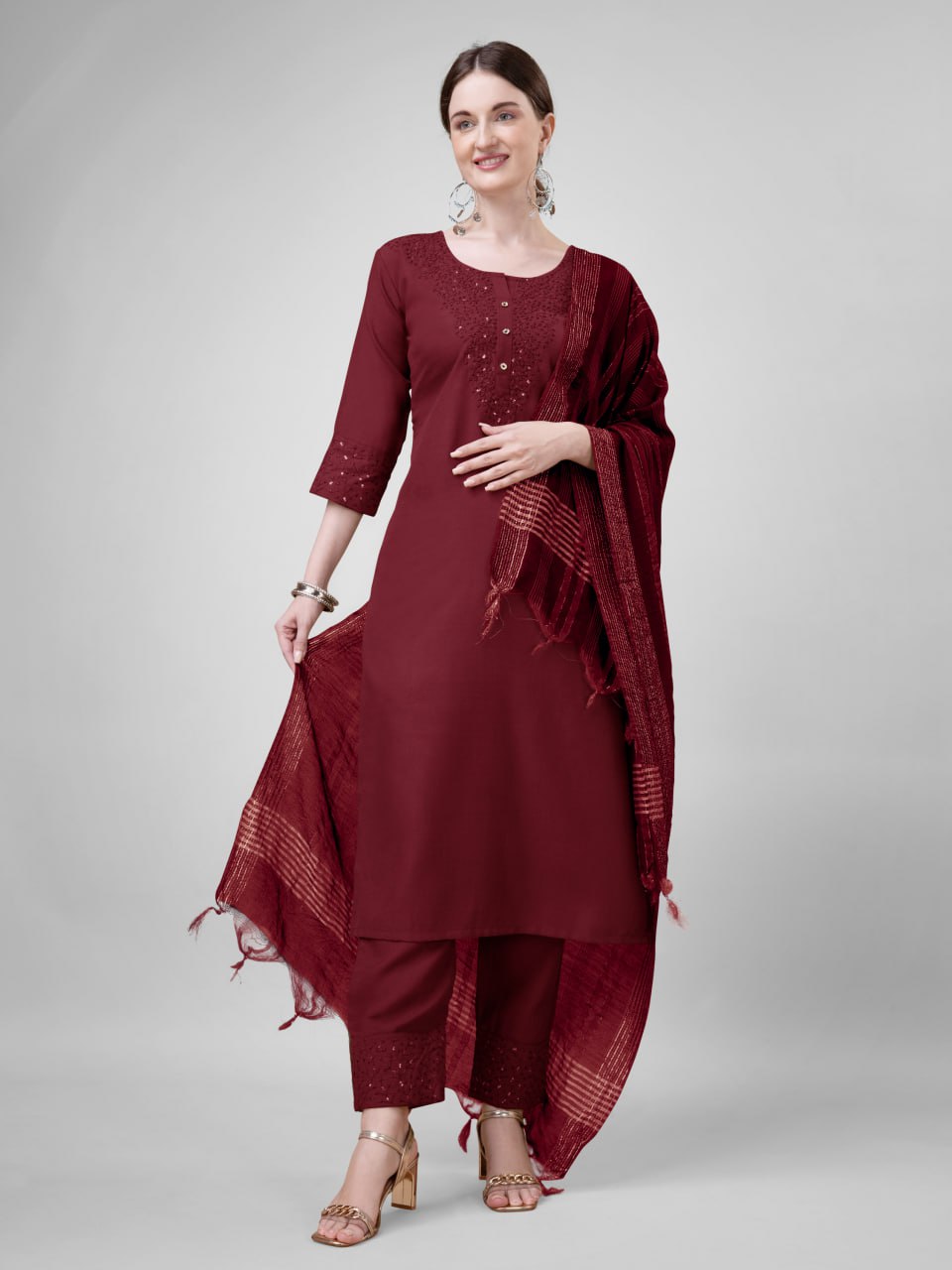 Elegant  Cotton Kurta Set with Embroidered Neckline and Printed Dupatta – Daily & Office Wear