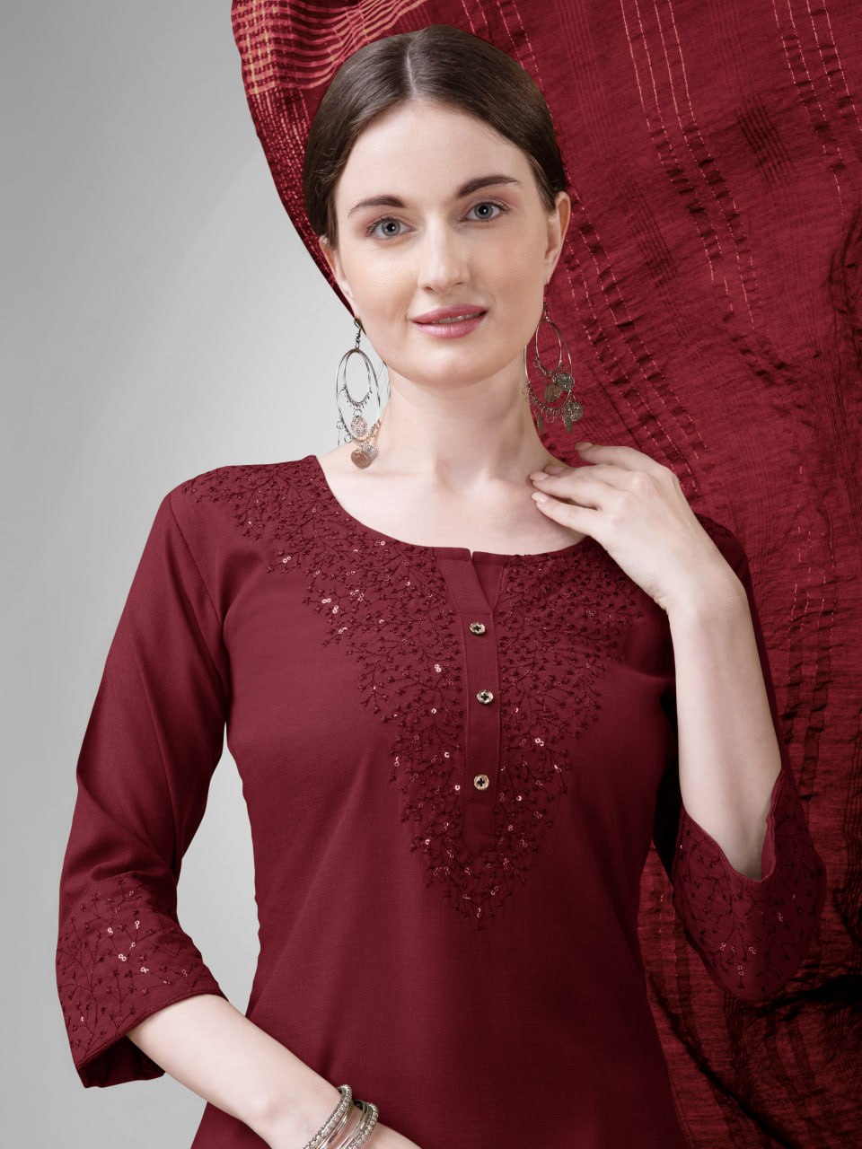 Elegant  Cotton Kurta Set with Embroidered Neckline and Printed Dupatta – Daily & Office Wear