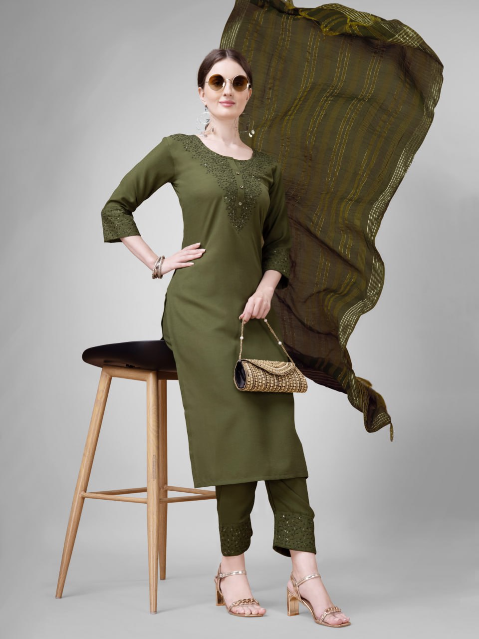 Elegant  Cotton Kurta Set with Embroidered Neckline and Printed Dupatta – Daily & Office Wear