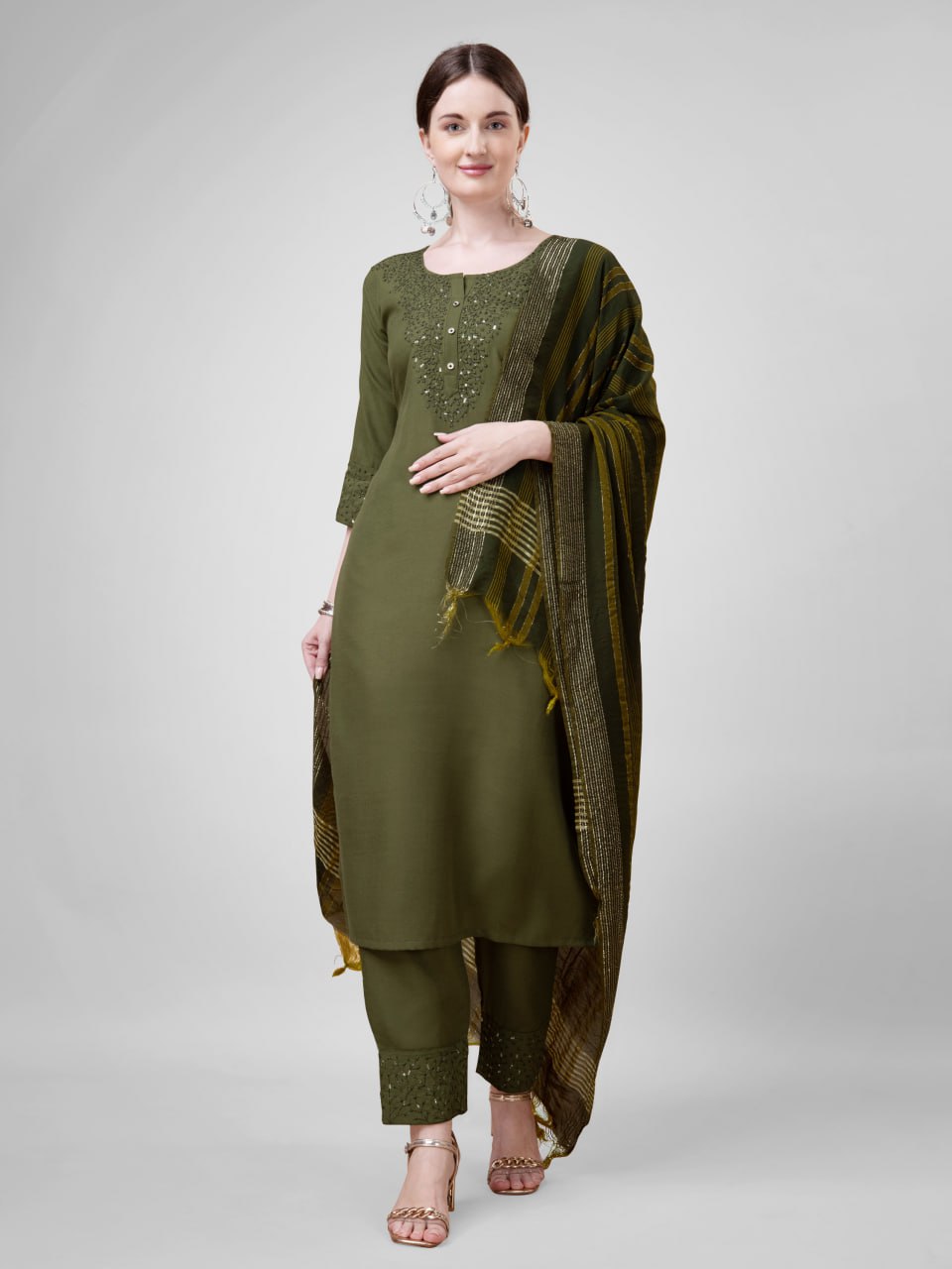 Elegant  Cotton Kurta Set with Embroidered Neckline and Printed Dupatta – Daily & Office Wear