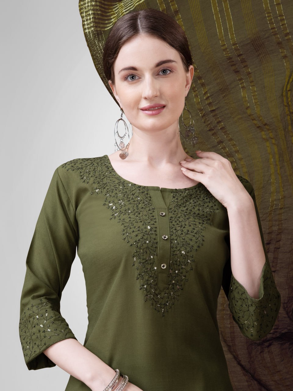 Elegant  Cotton Kurta Set with Embroidered Neckline and Printed Dupatta – Daily & Office Wear