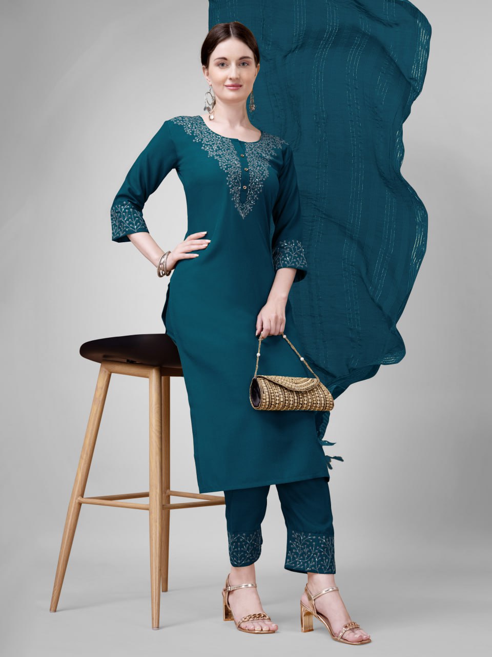 Elegant  Cotton Kurta Set with Embroidered Neckline and Printed Dupatta – Daily & Office Wear