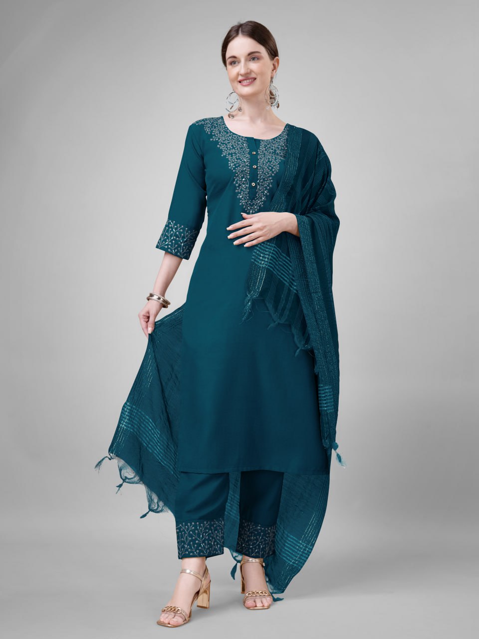 Elegant  Cotton Kurta Set with Embroidered Neckline and Printed Dupatta – Daily & Office Wear