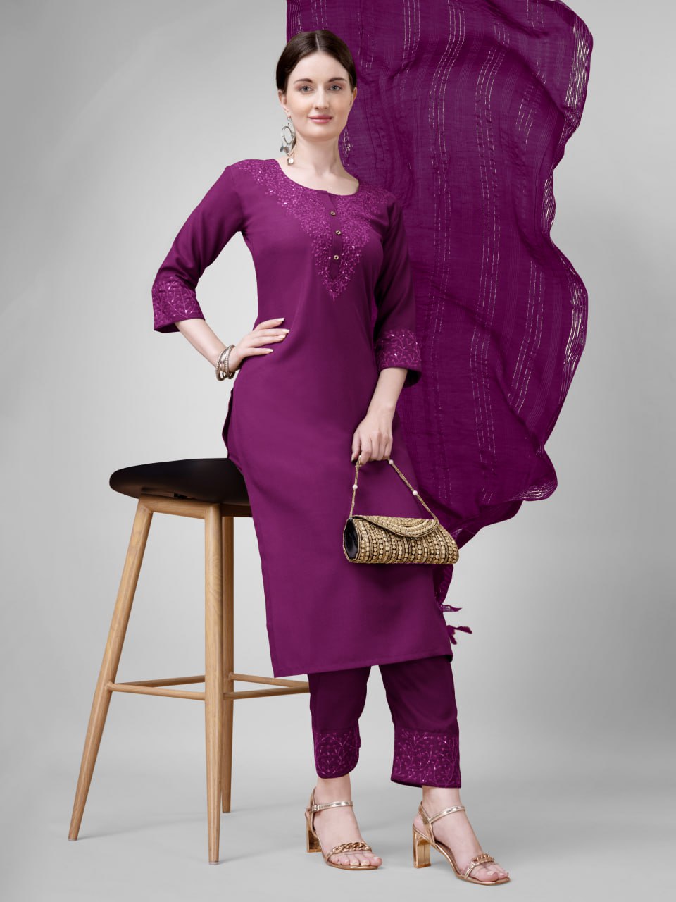 Elegant  Cotton Kurta Set with Embroidered Neckline and Printed Dupatta – Daily & Office Wear