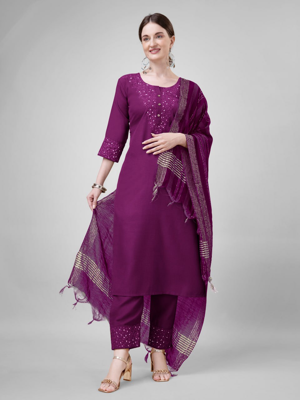Elegant  Cotton Kurta Set with Embroidered Neckline and Printed Dupatta – Daily & Office Wear