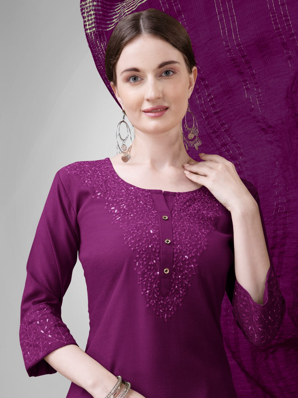 Elegant  Cotton Kurta Set with Embroidered Neckline and Printed Dupatta – Daily & Office Wear