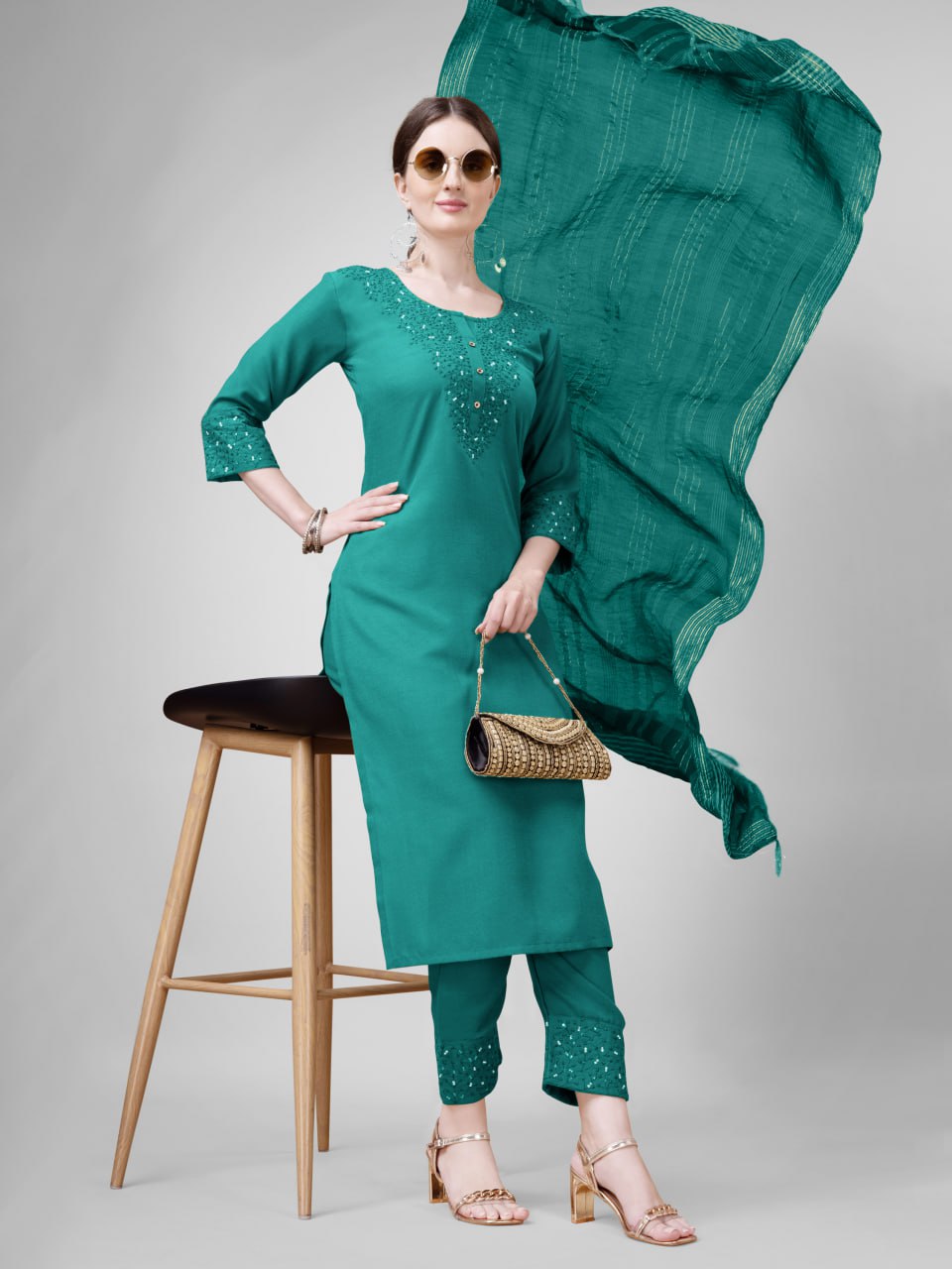 Elegant  Cotton Kurta Set with Embroidered Neckline and Printed Dupatta – Daily & Office Wear