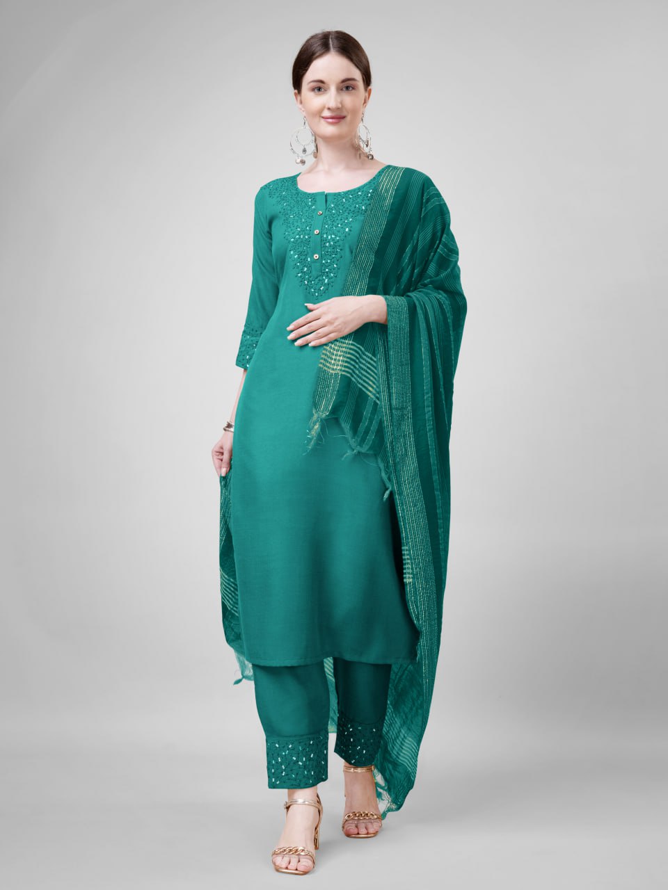 Elegant  Cotton Kurta Set with Embroidered Neckline and Printed Dupatta – Daily & Office Wear