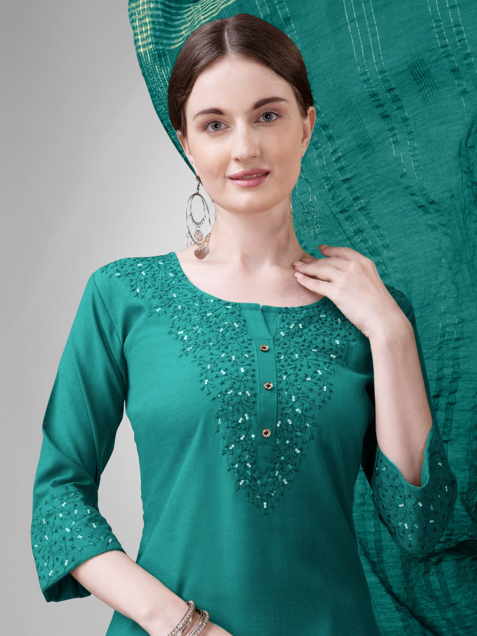 Elegant  Cotton Kurta Set with Embroidered Neckline and Printed Dupatta – Daily & Office Wear