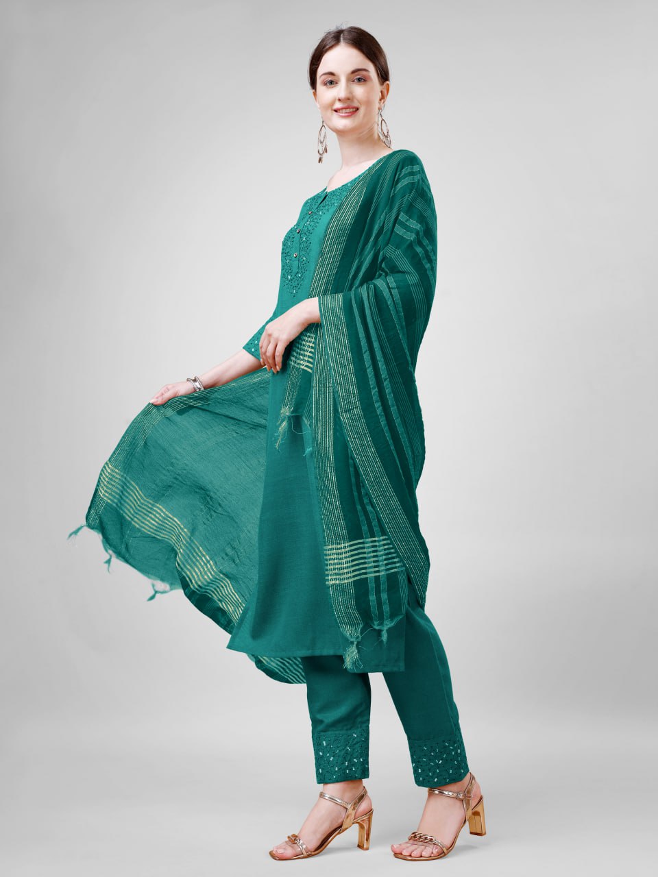Elegant  Cotton Kurta Set with Embroidered Neckline and Printed Dupatta – Daily & Office Wear