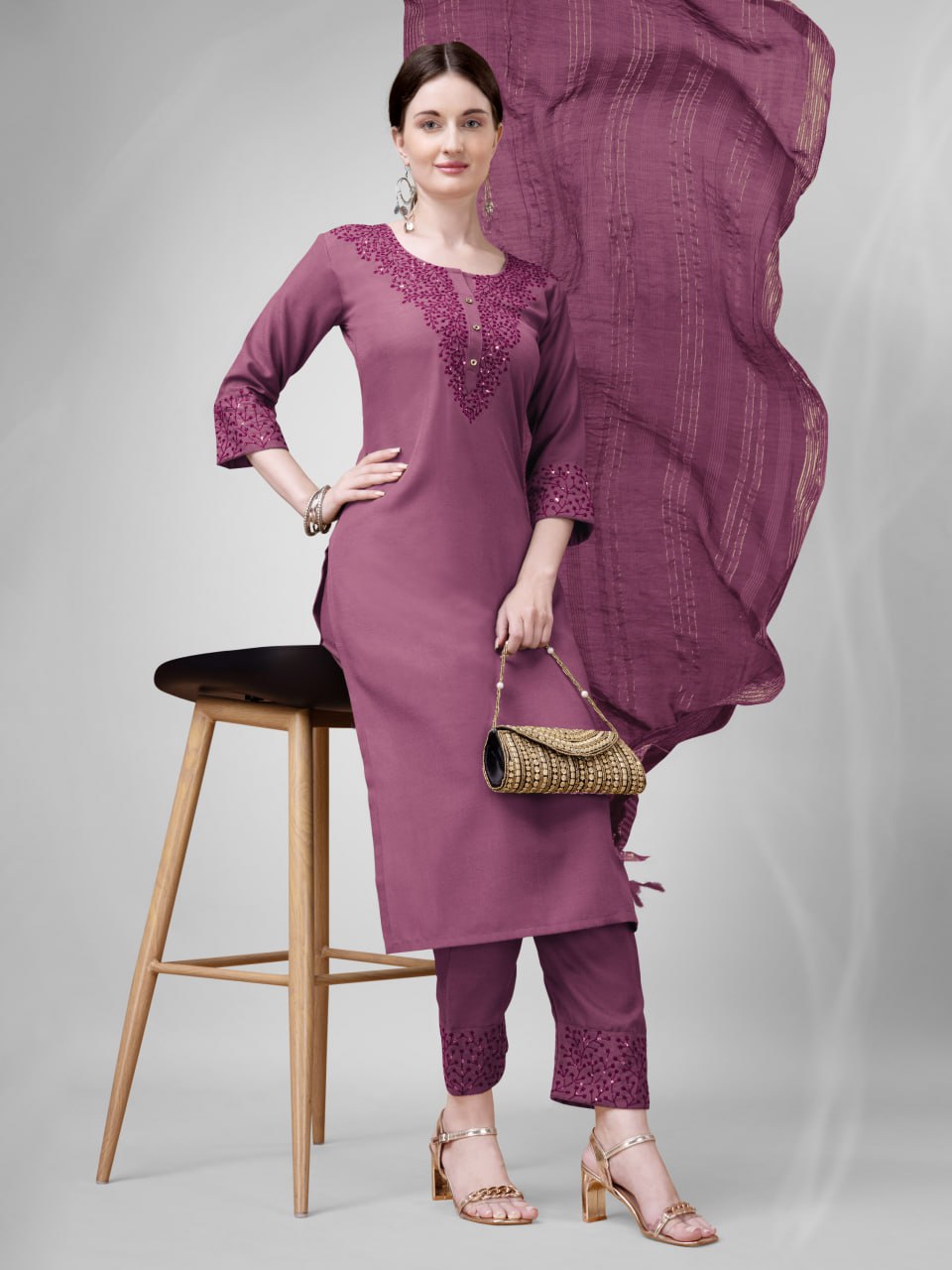 Elegant  Cotton Kurta Set with Embroidered Neckline and Printed Dupatta – Daily & Office Wear