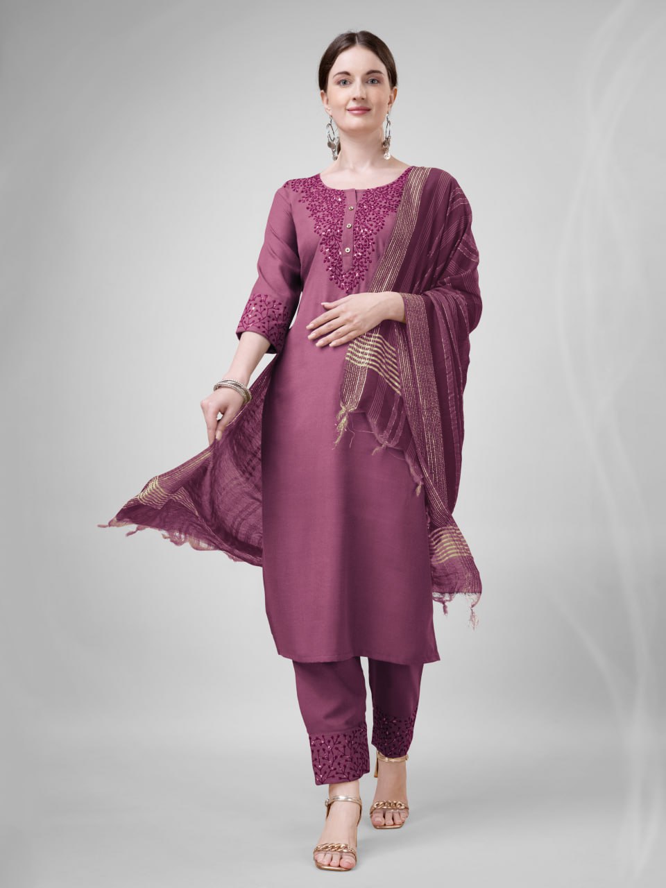 Elegant  Cotton Kurta Set with Embroidered Neckline and Printed Dupatta – Daily & Office Wear
