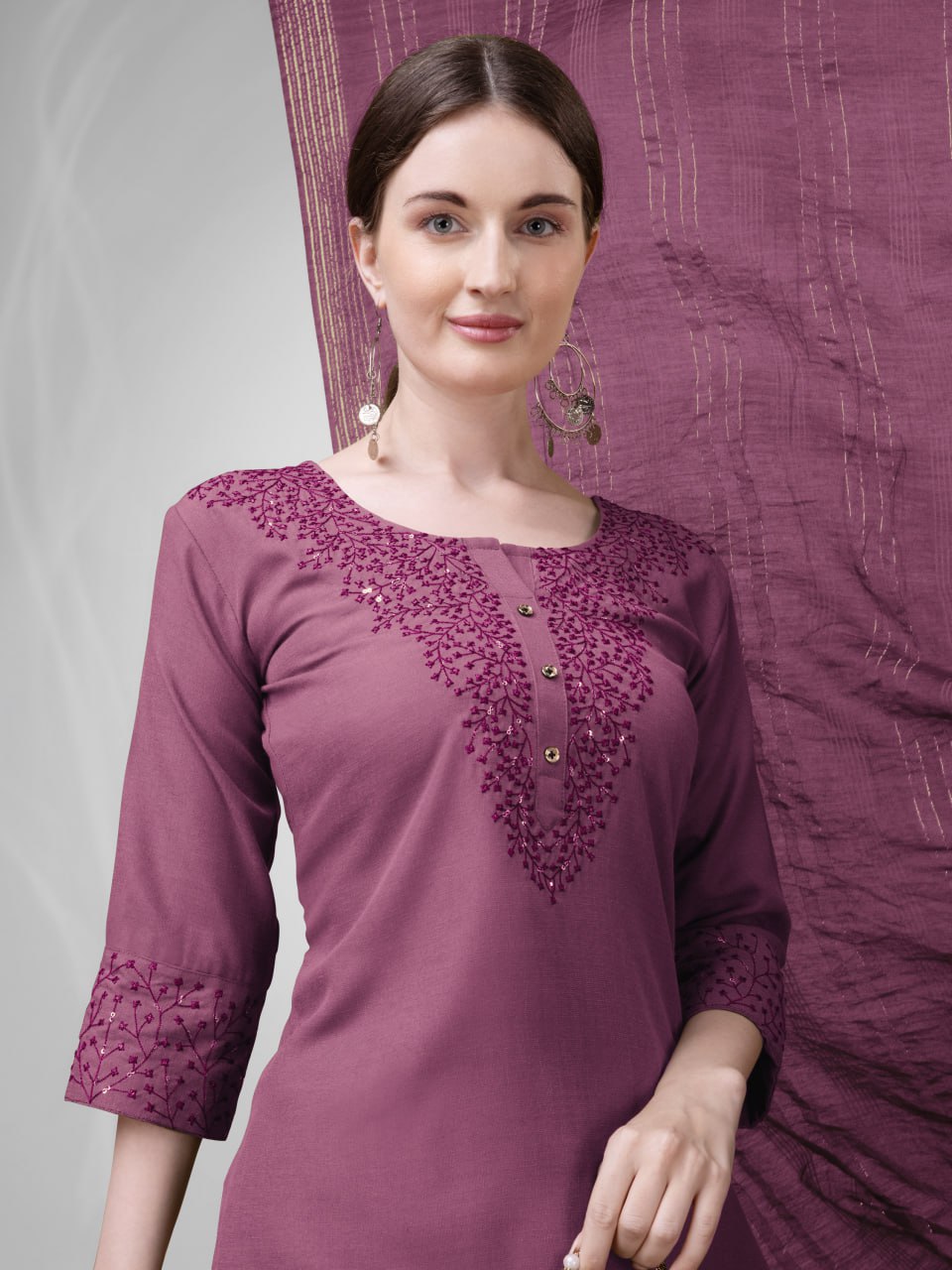 Elegant  Cotton Kurta Set with Embroidered Neckline and Printed Dupatta – Daily & Office Wear