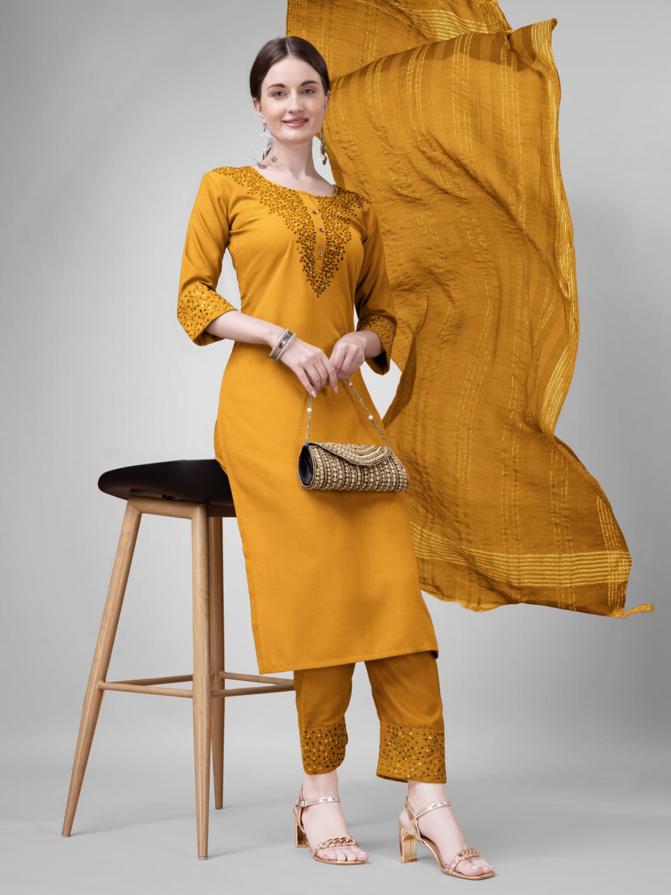 Elegant  Cotton Kurta Set with Embroidered Neckline and Printed Dupatta – Daily & Office Wear