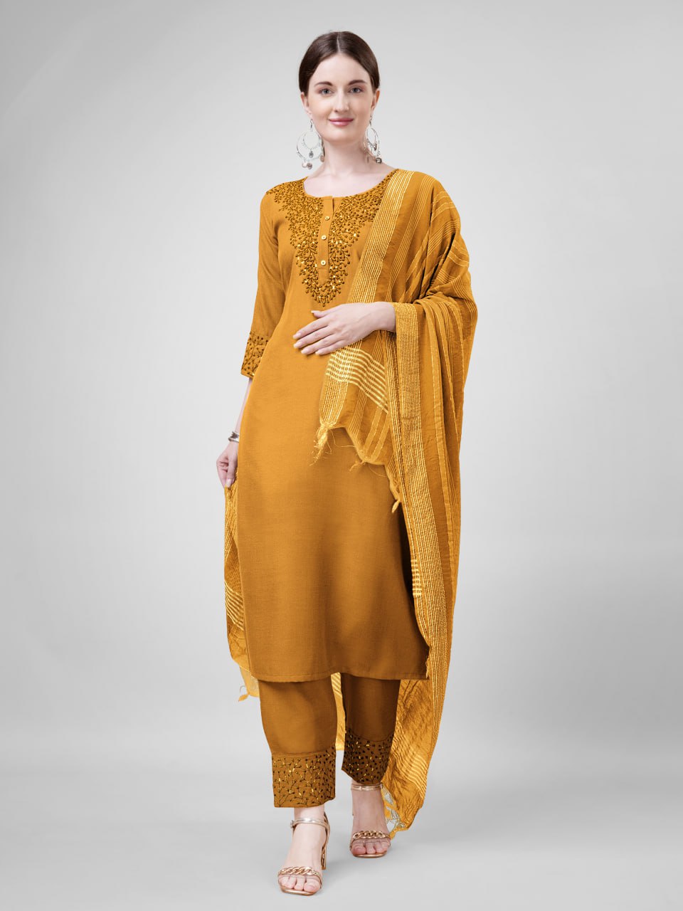 Elegant  Cotton Kurta Set with Embroidered Neckline and Printed Dupatta – Daily & Office Wear
